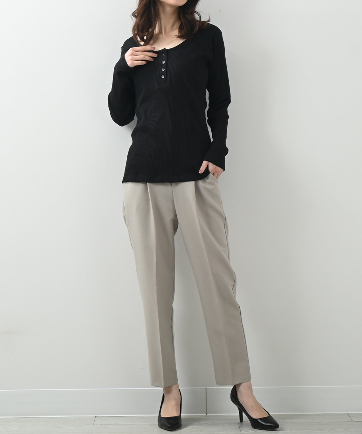 フェルトマリエッタ Felt Maglietta ランダムリブヘンリーネックロングTシャツ （ミックスグレー） ミックスグレー