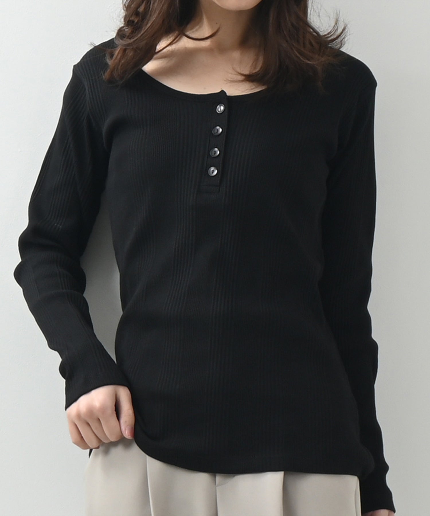 フェルトマリエッタ Felt Maglietta ランダムリブヘンリーネックロングTシャツ （ブラック） ブラック