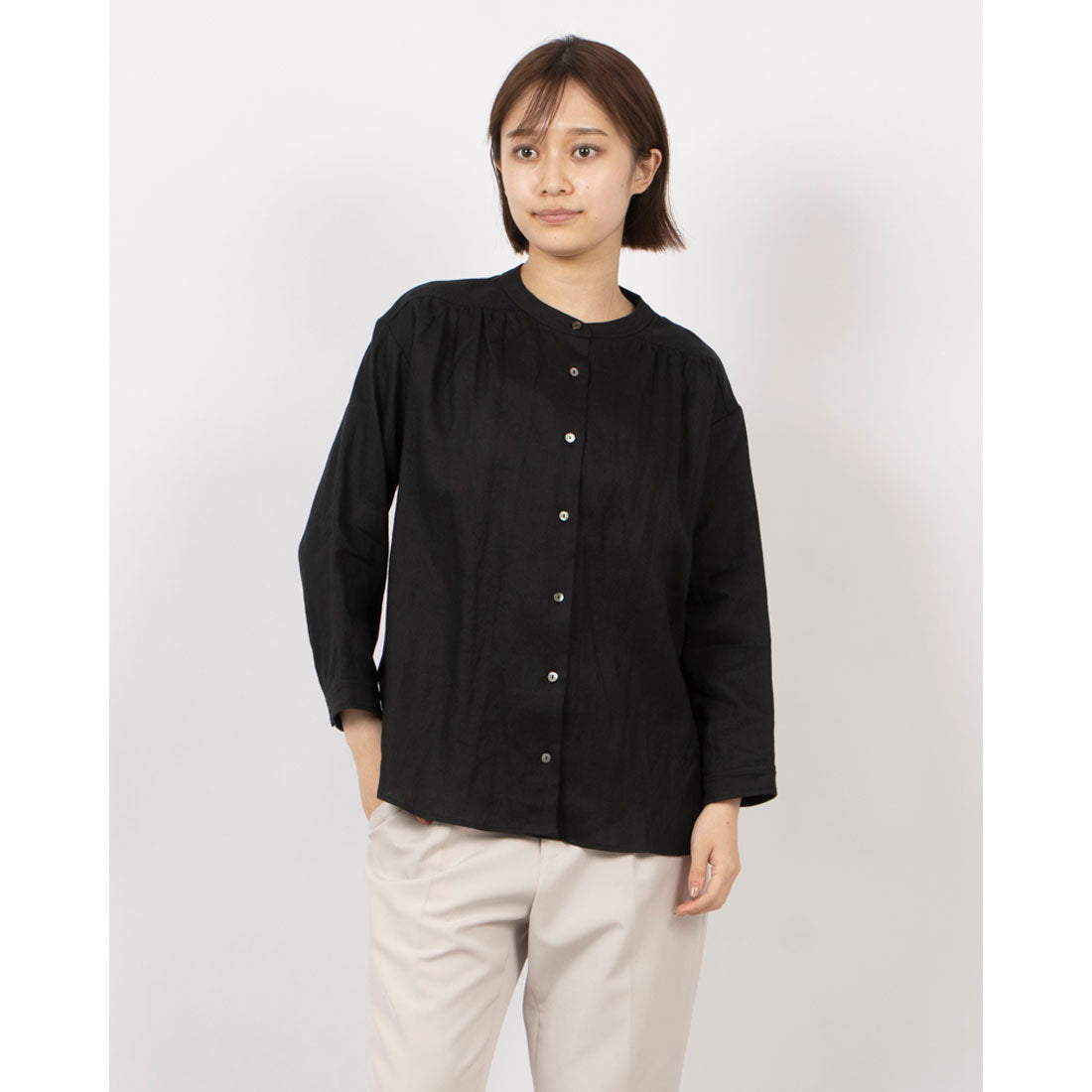 フォーリン アンド コー fall-in&co 他にないデザイン♪バンドカラリネンシャツ リネン100％ 長袖 緑みがかった紺色 230923-5 （緑みがかった紺色） 緑みがかった紺色