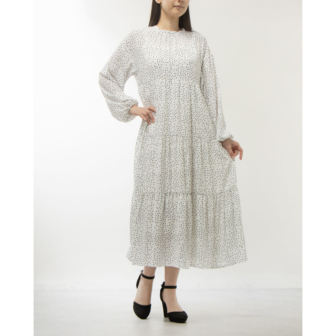 フェピュール feepur ドットシフォンティアードドレス,WHT