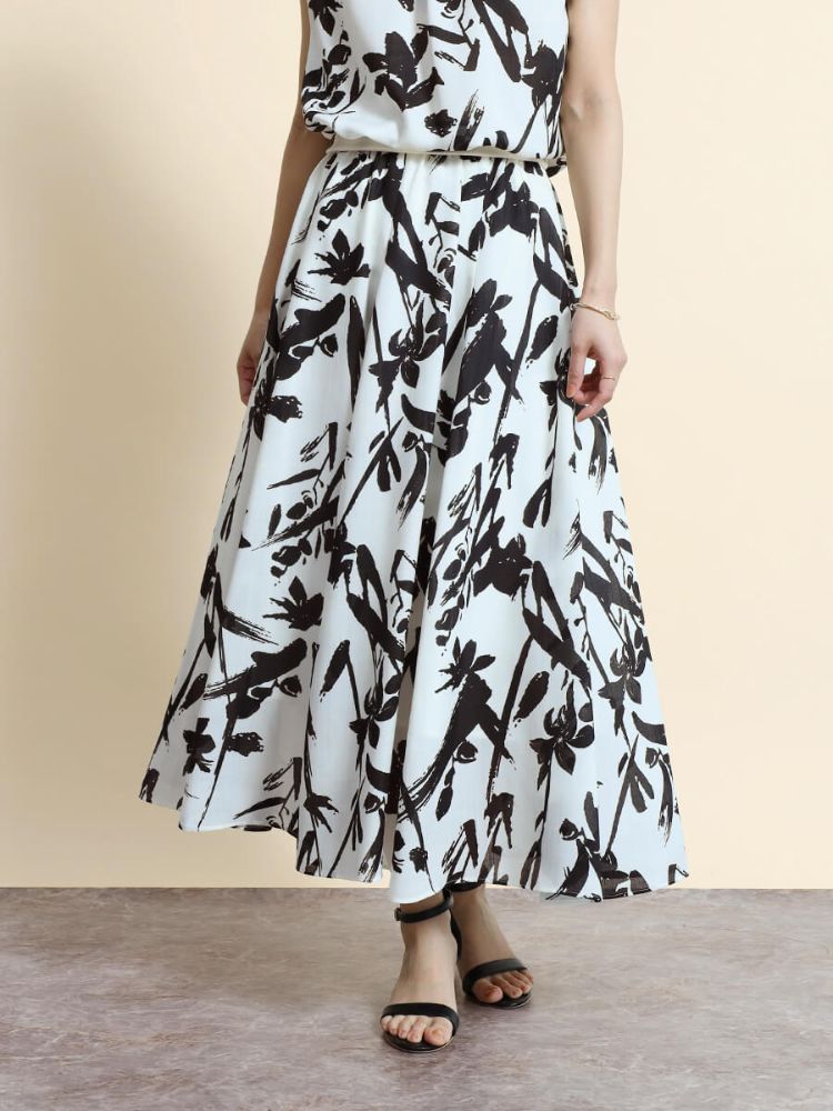 フェンネル FENNEL 麻調ボタニカルフレアスカート（SET UP） （ホワイト） ホワイト