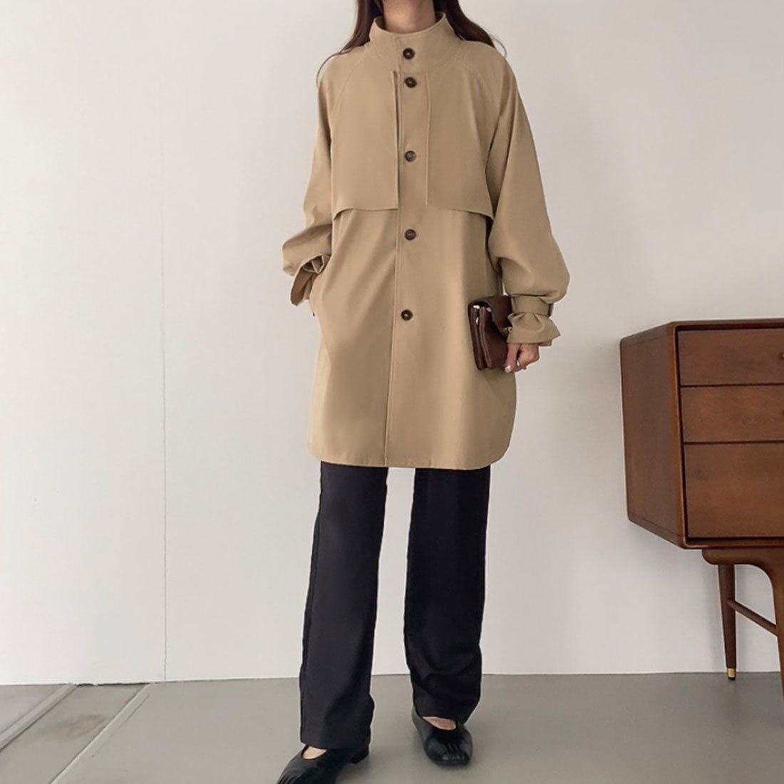 フィルー FILLOU FILLOU スタンドカラーヨークフレアミドルコート