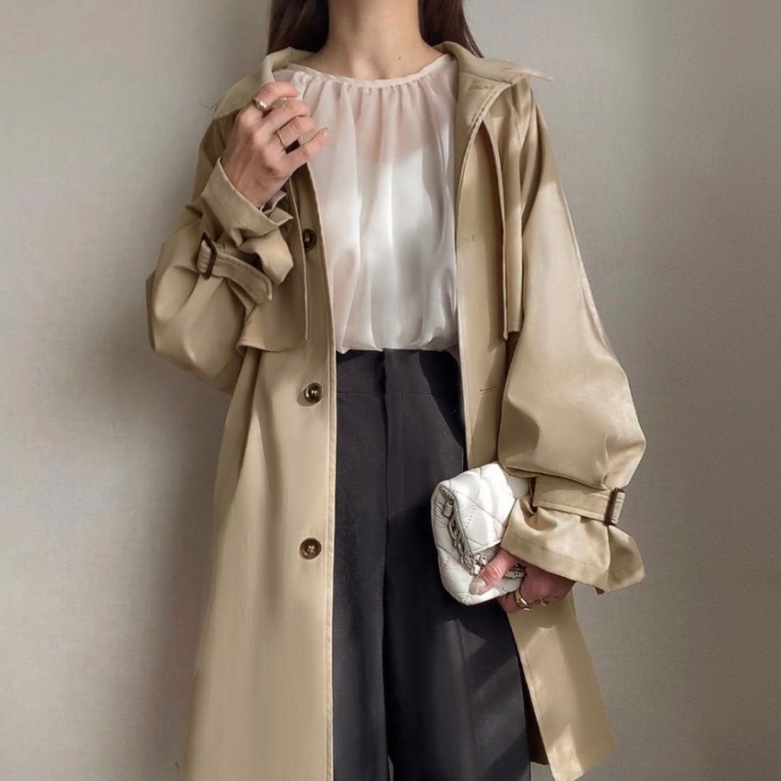 フィルー FILLOU FILLOU スタンドカラーヨークフレアミドルコート