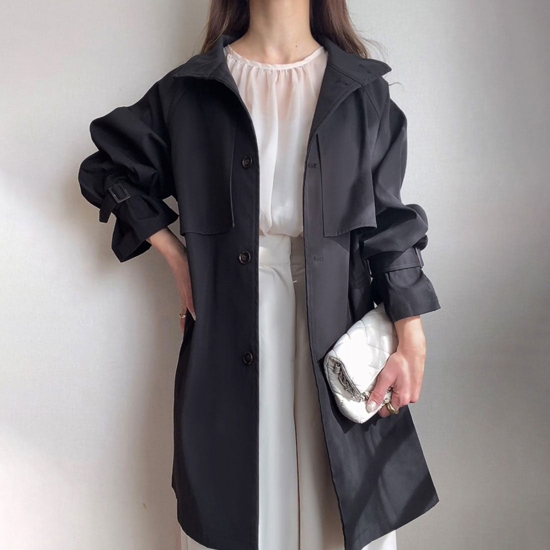 フィルー FILLOU FILLOU スタンドカラーヨークフレアミドルコート