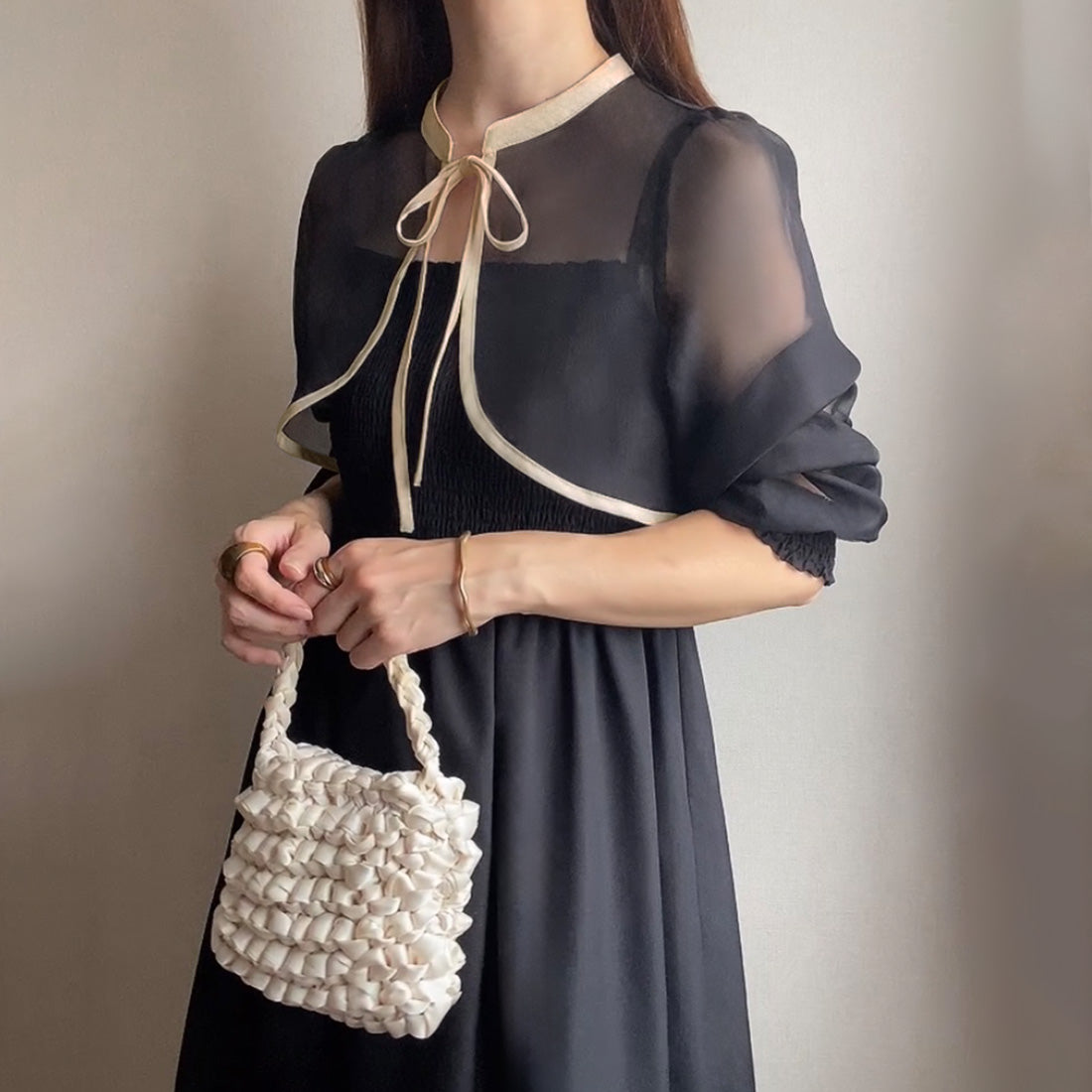 フィルー FILLOU FILLOU シアーボレロ＋キャミワンピース,ブラック×クリーム