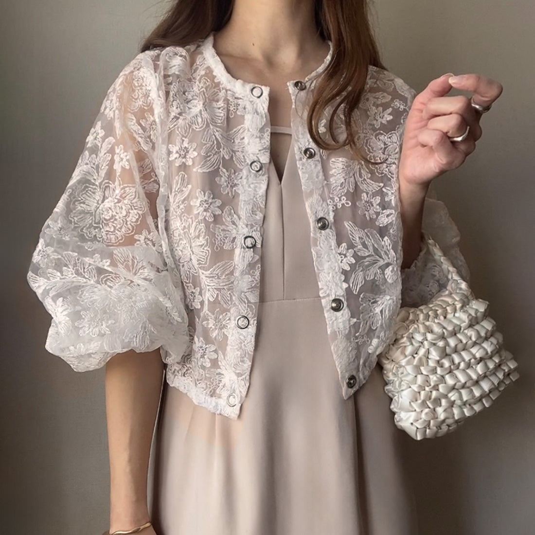 フィルー FILLOU FILLOU フラワージャガードシアーブルゾン,アイボリー