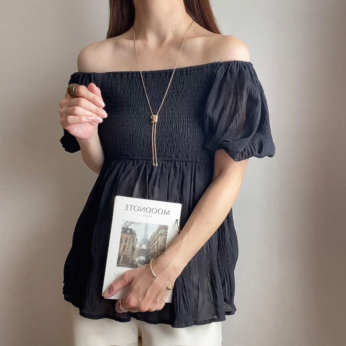 FILLU FILLOU Sheer Majolica Pleats Off-Shoulder Blouse