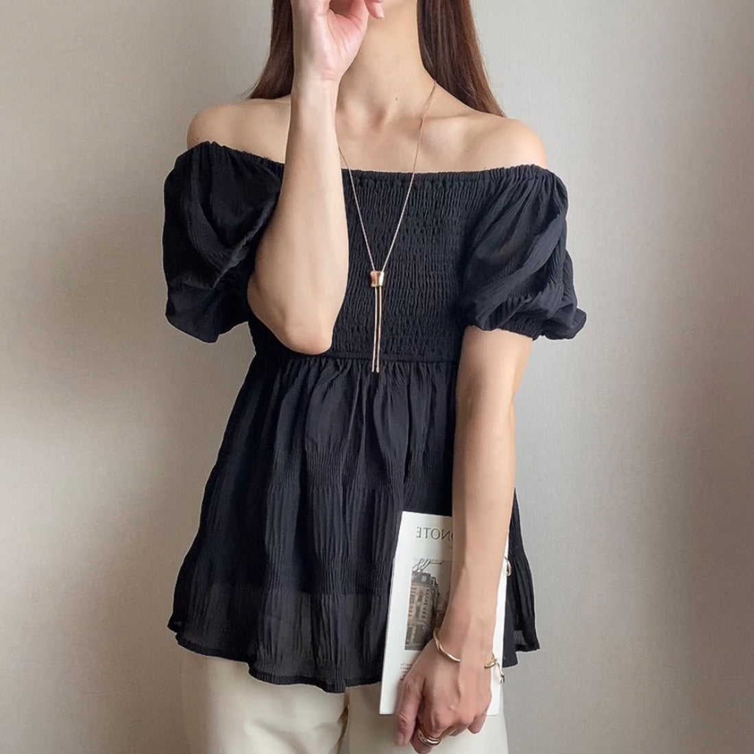 FILLU FILLOU Sheer Majolica Pleats Off-Shoulder Blouse