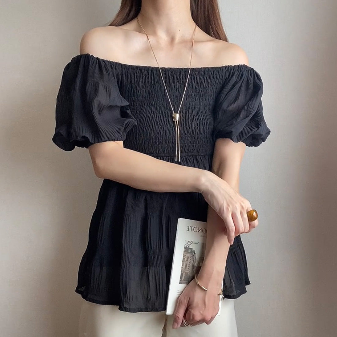FILLU FILLOU Sheer Majolica Pleats Off-Shoulder Blouse