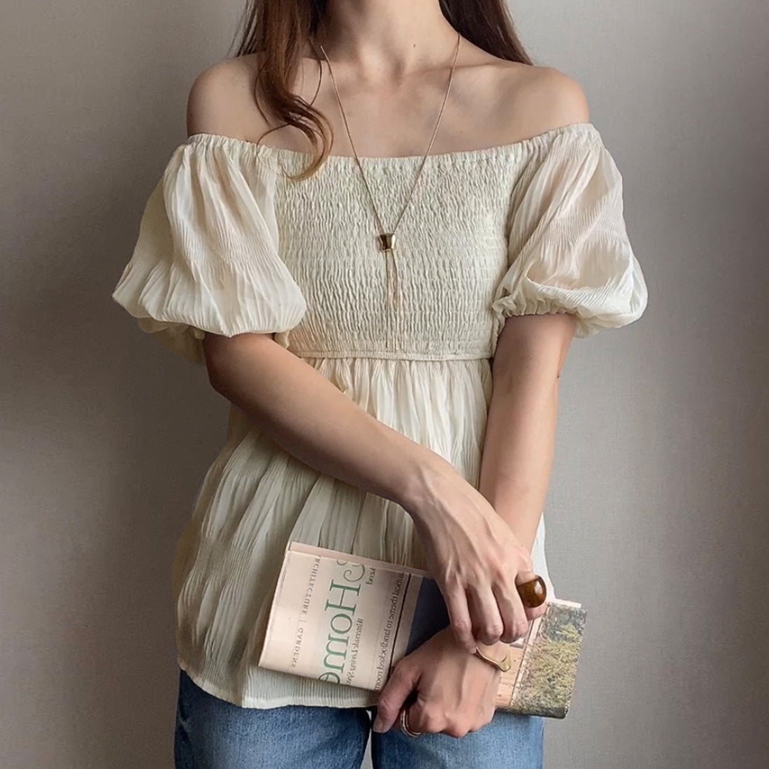 FILLU FILLOU Sheer Majolica Pleats Off-Shoulder Blouse