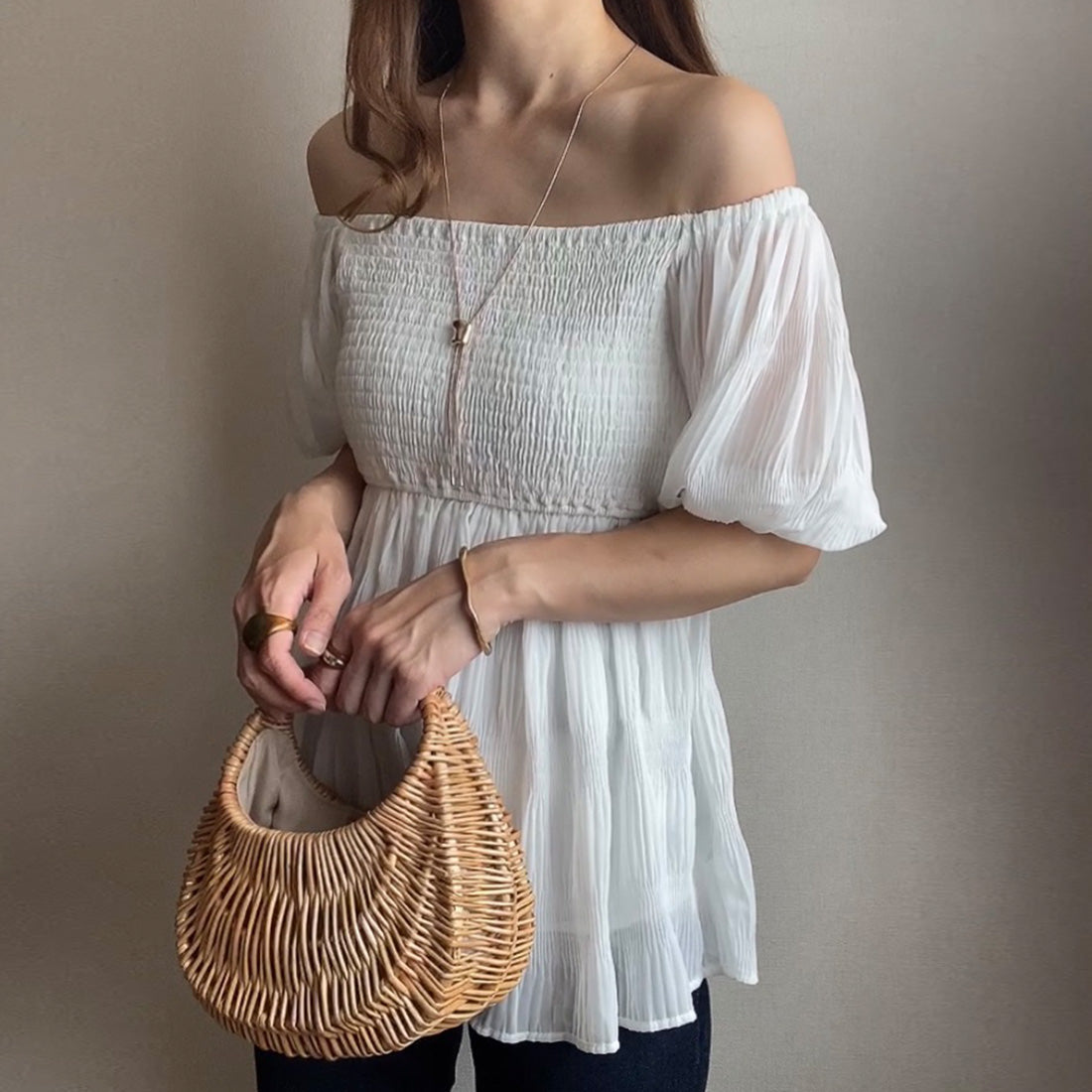 FILLU FILLOU Sheer Majolica Pleats Off-Shoulder Blouse