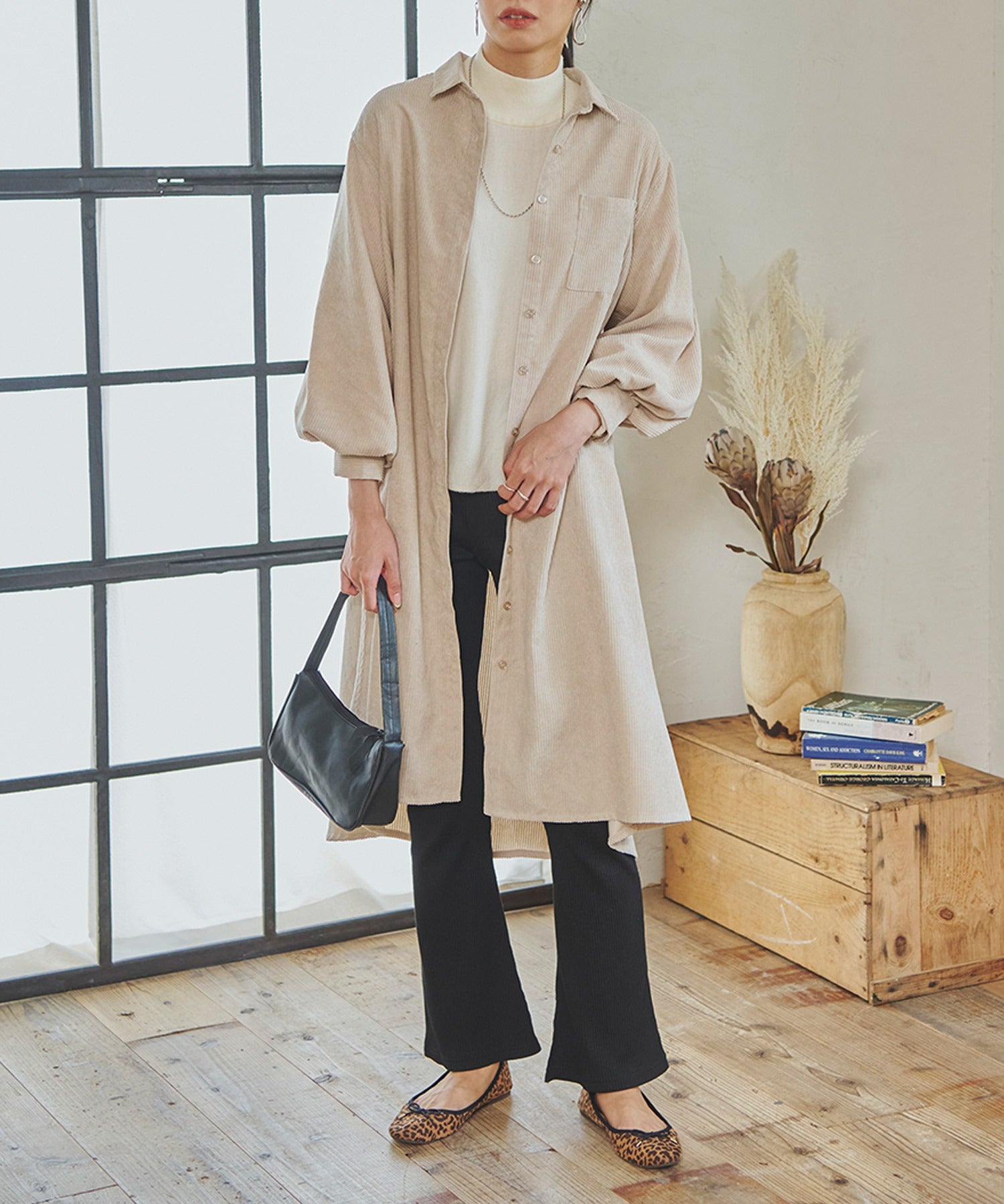 フィズ Fizz 細コーデュロイ ボリューム袖ロングシャツワンピ mitis AW パフ袖 フレア チュニック