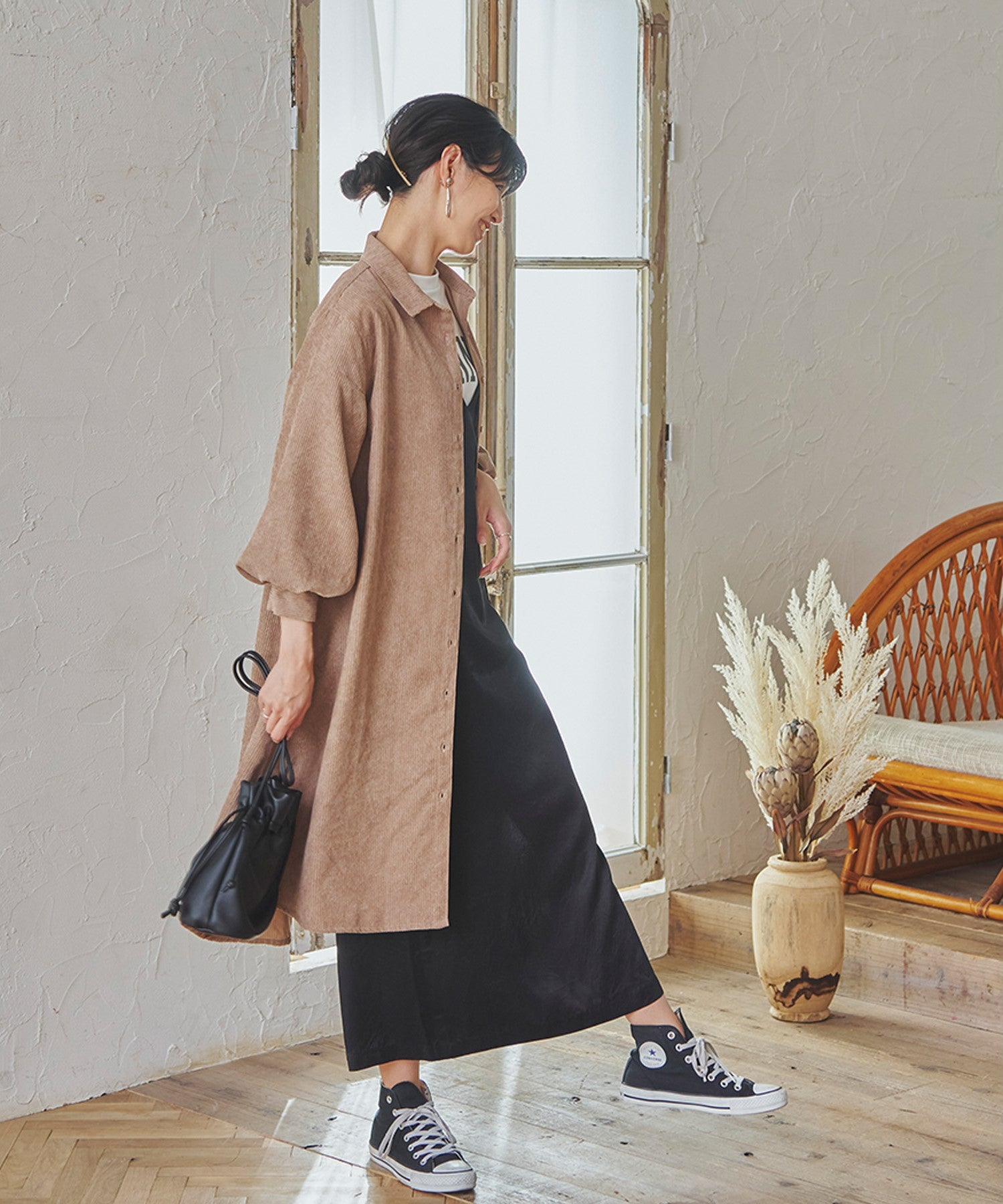 フィズ Fizz 細コーデュロイ ボリューム袖ロングシャツワンピ mitis AW パフ袖 フレア チュニック