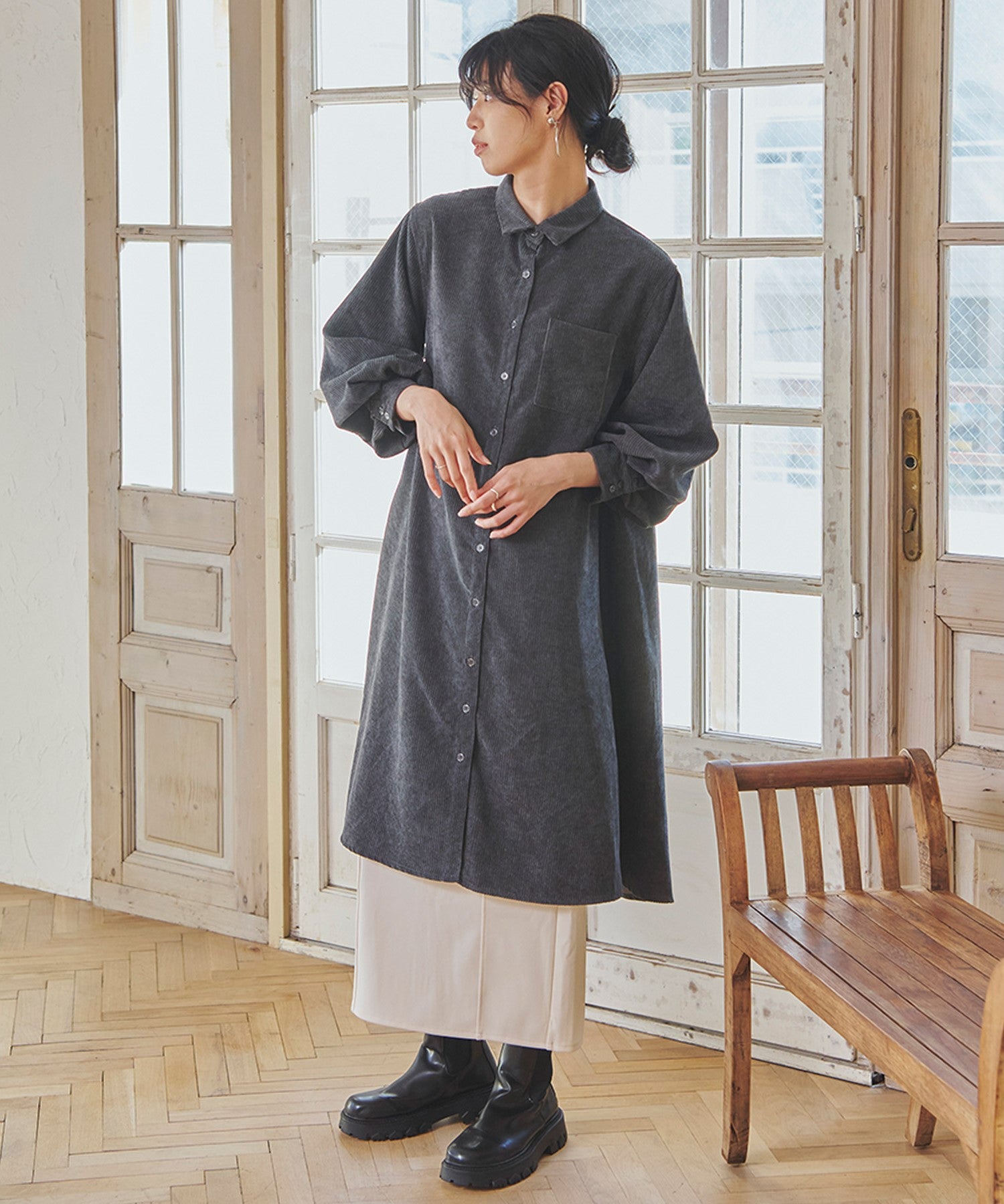 フィズ Fizz 細コーデュロイ ボリューム袖ロングシャツワンピ mitis AW パフ袖 フレア チュニック