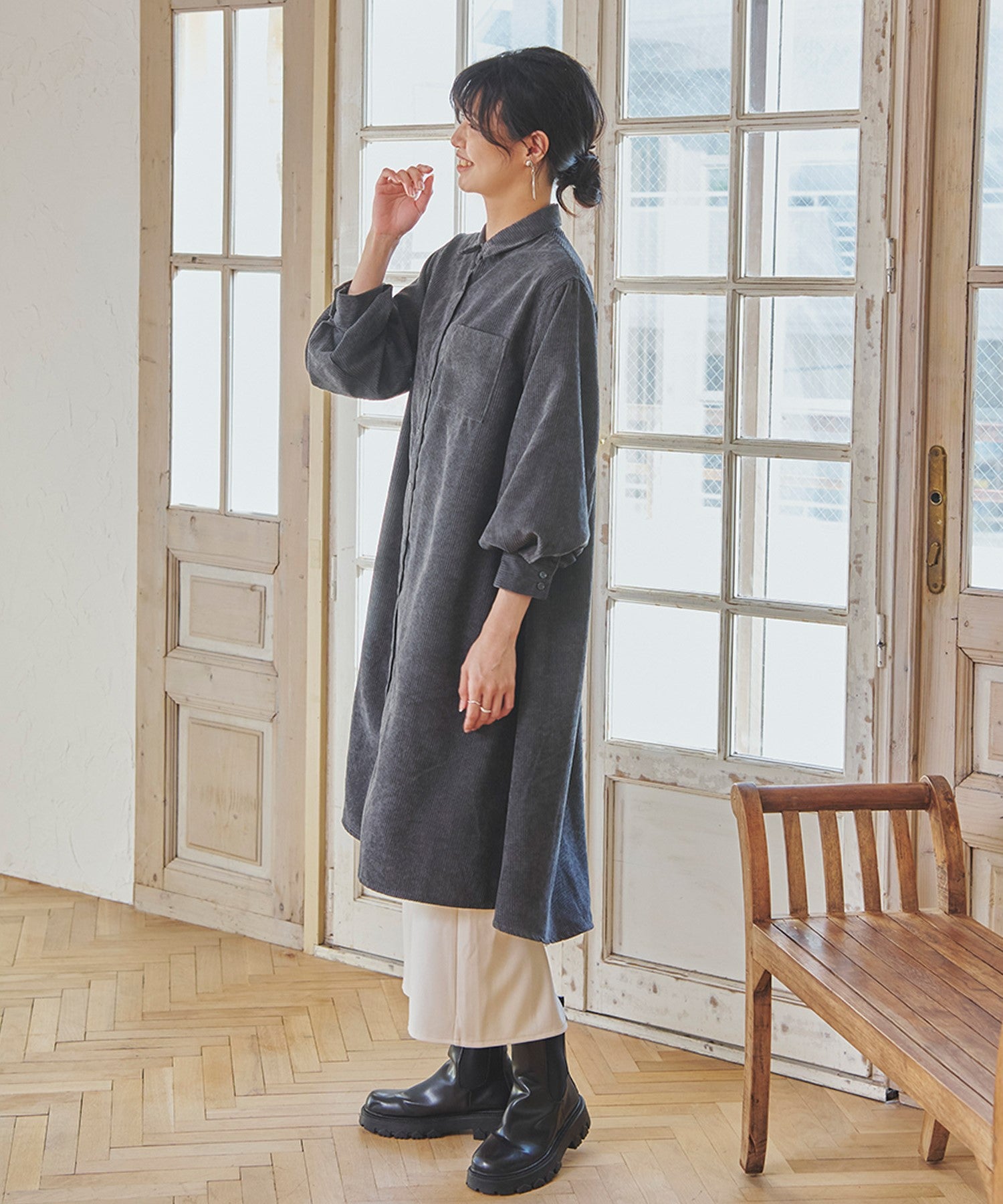 フィズ Fizz 細コーデュロイ ボリューム袖ロングシャツワンピ mitis AW パフ袖 フレア チュニック