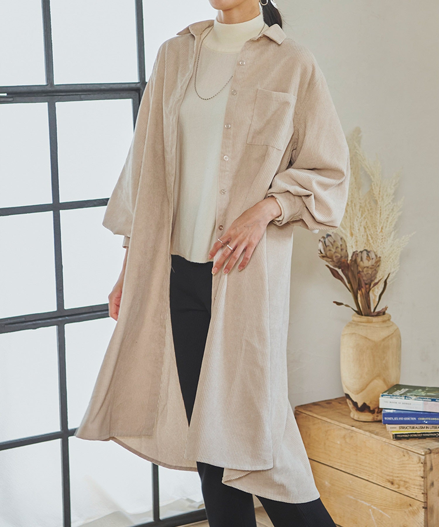 フィズ Fizz 細コーデュロイ ボリューム袖ロングシャツワンピ mitis AW パフ袖 フレア チュニック,アイボリー(44)