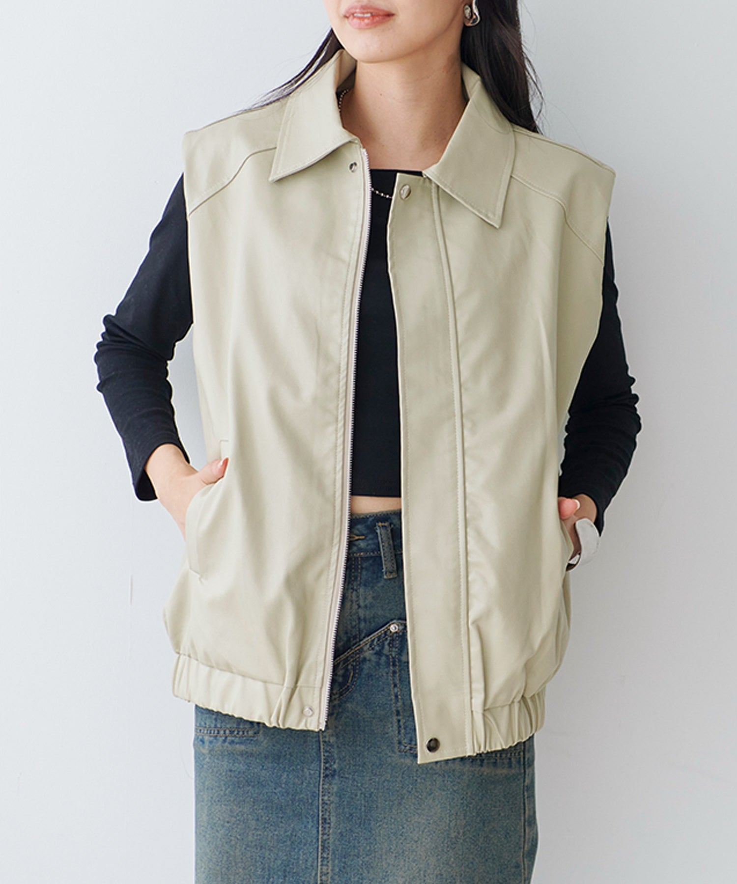Fizz Collared Front Zip Fake Leather Vest AW Synthetic Leather Eco Leather Shoulder ZIP Button