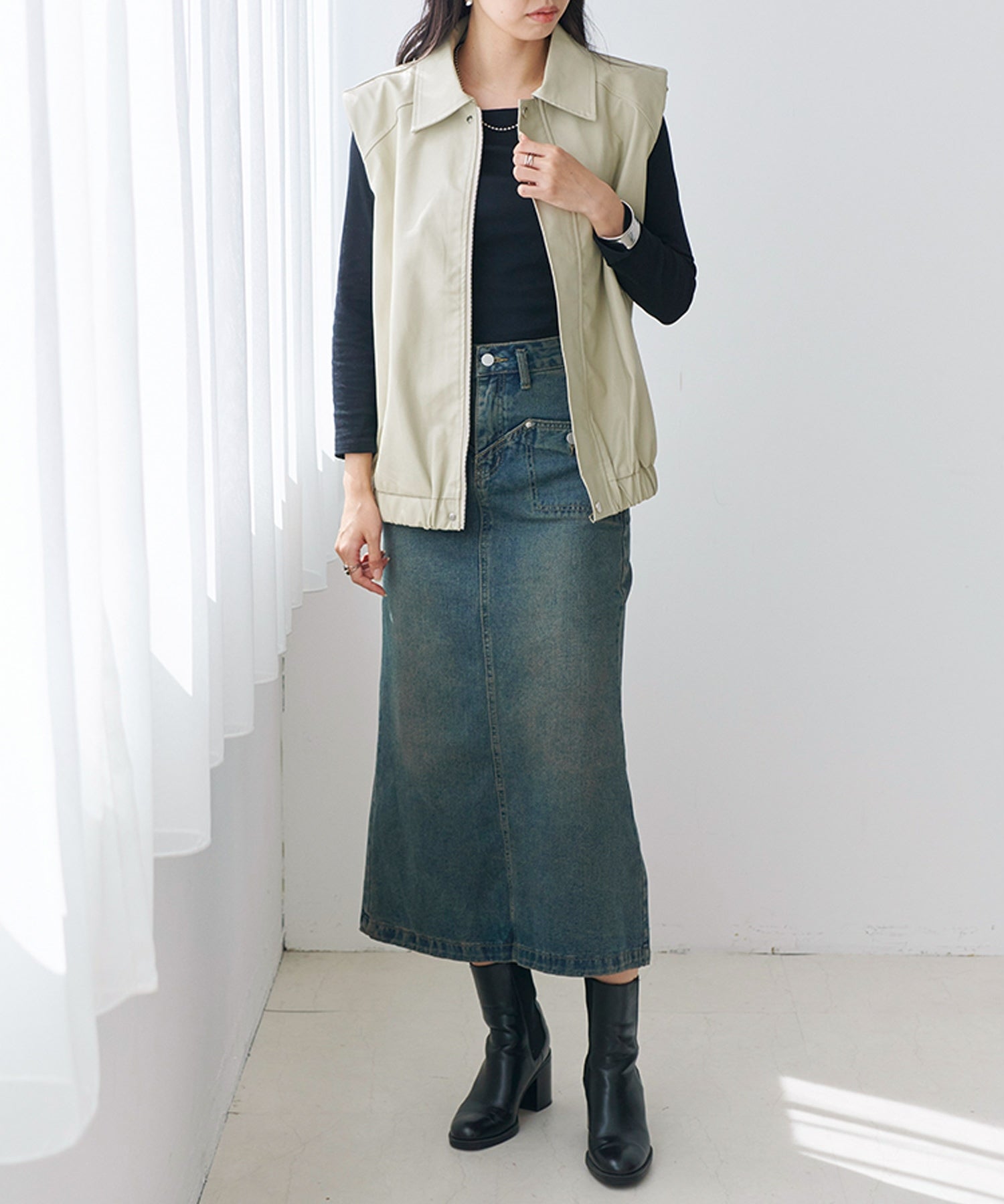Fizz Collared Front Zip Fake Leather Vest AW Synthetic Leather Eco Leather Shoulder ZIP Button