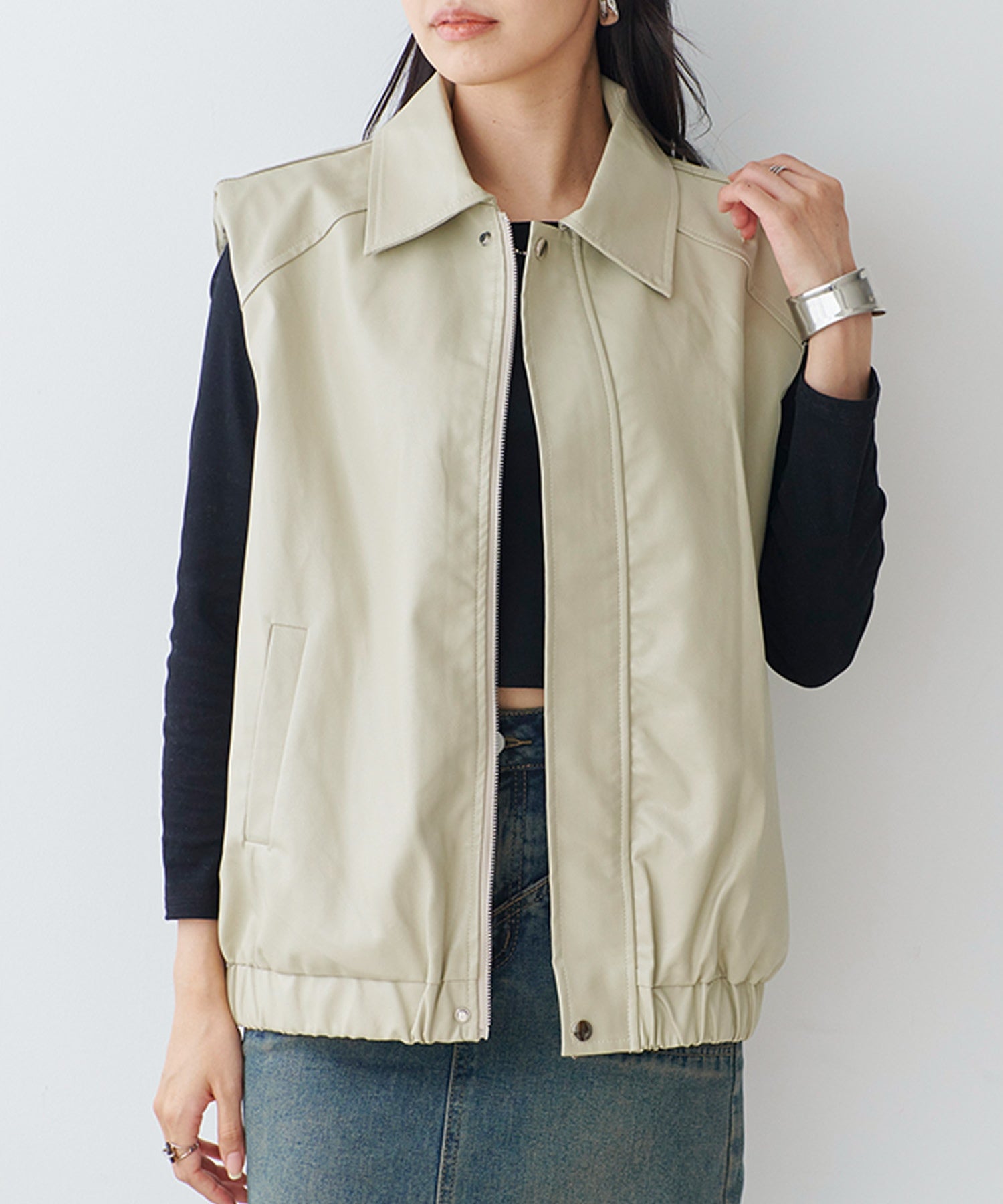 Fizz Collared Front Zip Fake Leather Vest AW Synthetic Leather Eco Leather Shoulder ZIP Button