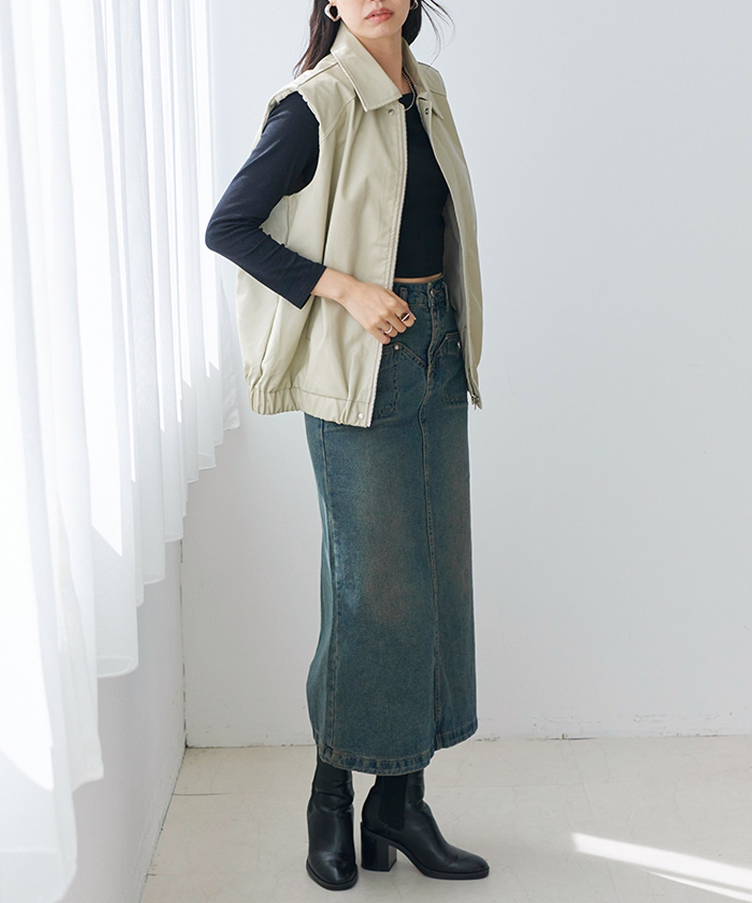 Fizz Collared Front Zip Fake Leather Vest AW Synthetic Leather Eco Leather Shoulder ZIP Button