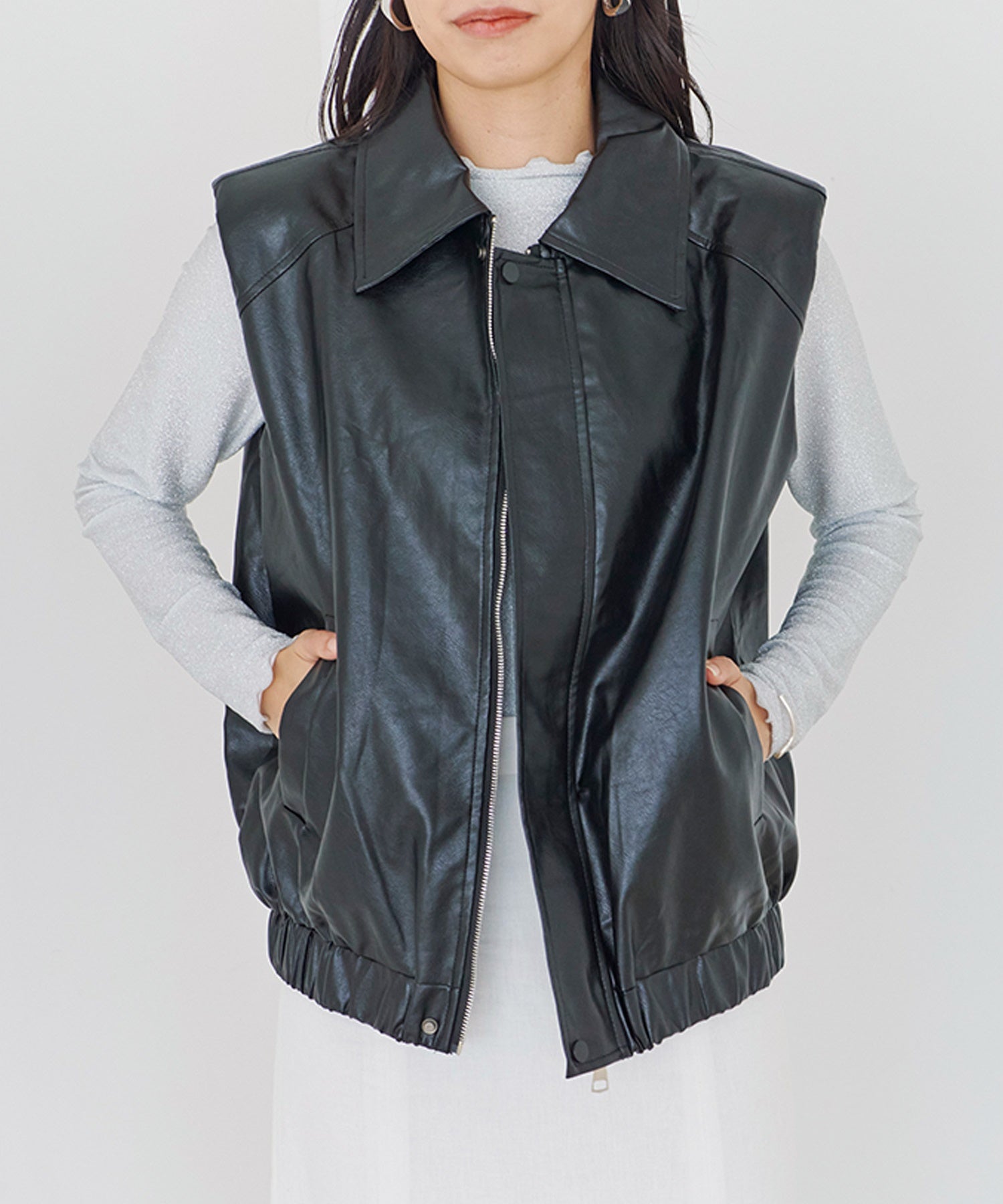Fizz Collared Front Zip Fake Leather Vest AW Synthetic Leather Eco Leather Shoulder ZIP Button