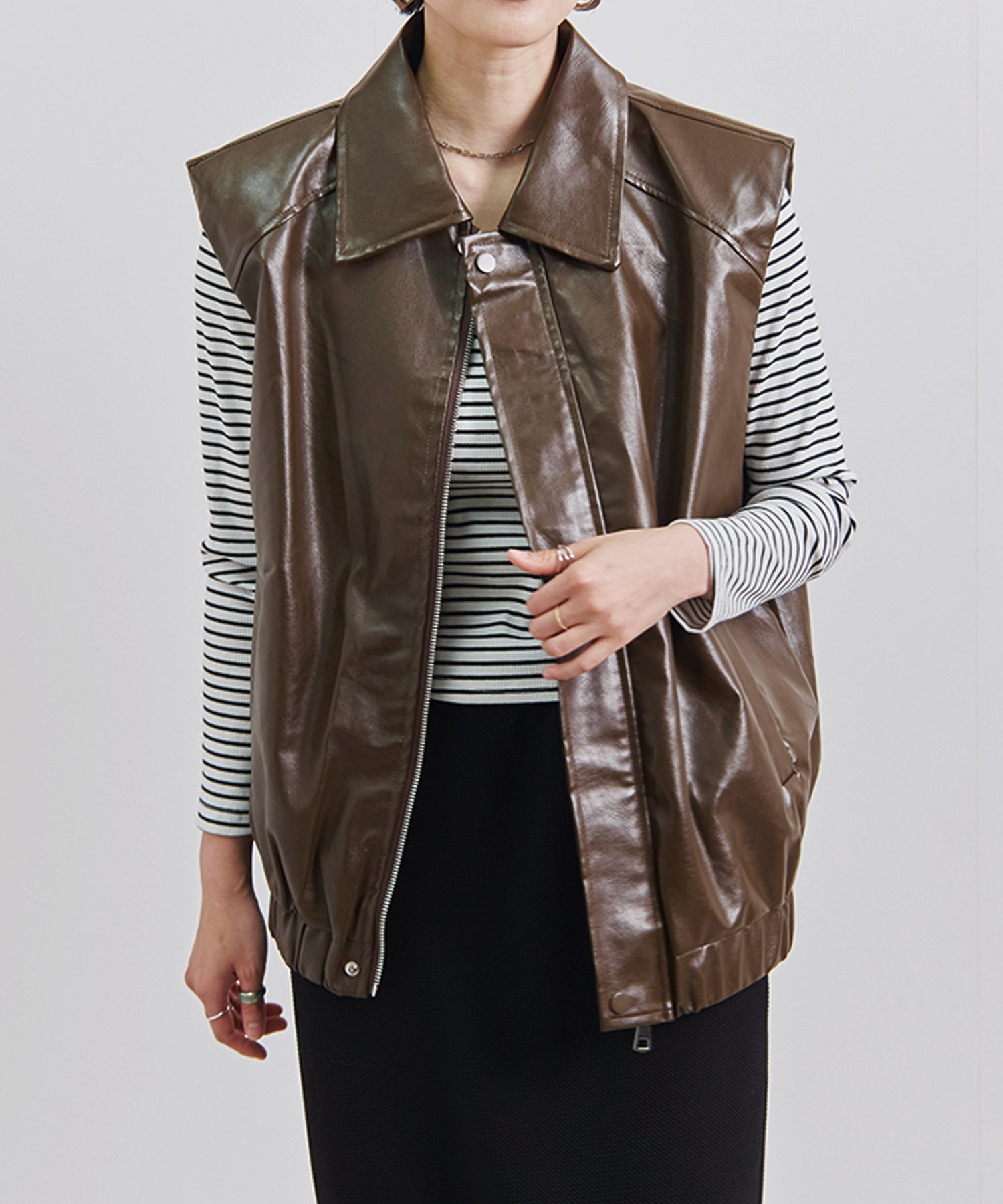 Fizz Collared Front Zip Fake Leather Vest AW Synthetic Leather Eco Leather Shoulder ZIP Button