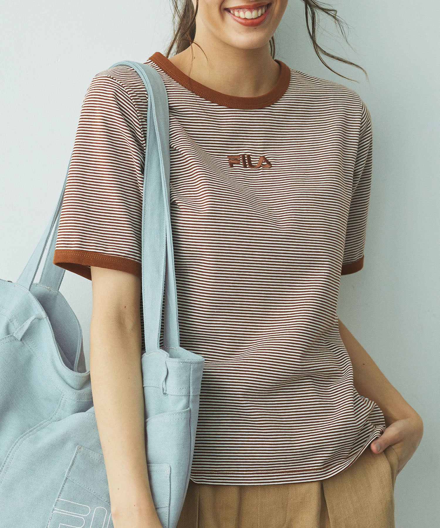 フィラ FILA ＜FILA＞ボーダーリンガーTシャツ,ブラウンケイ