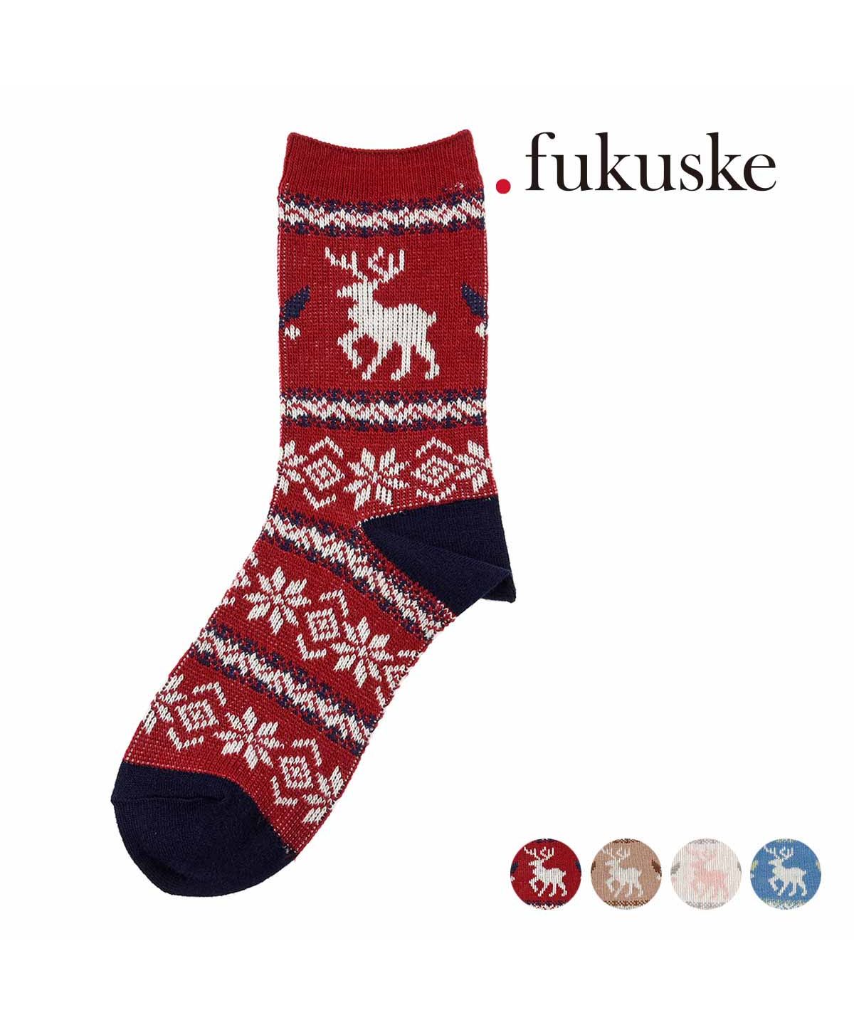 ドットフクスケ .fukusuke 福助 公式 .fukuske : トナカイ柄 3トーンカラー クルー丈 靴下 毛混ジャガード編み 00W3J125