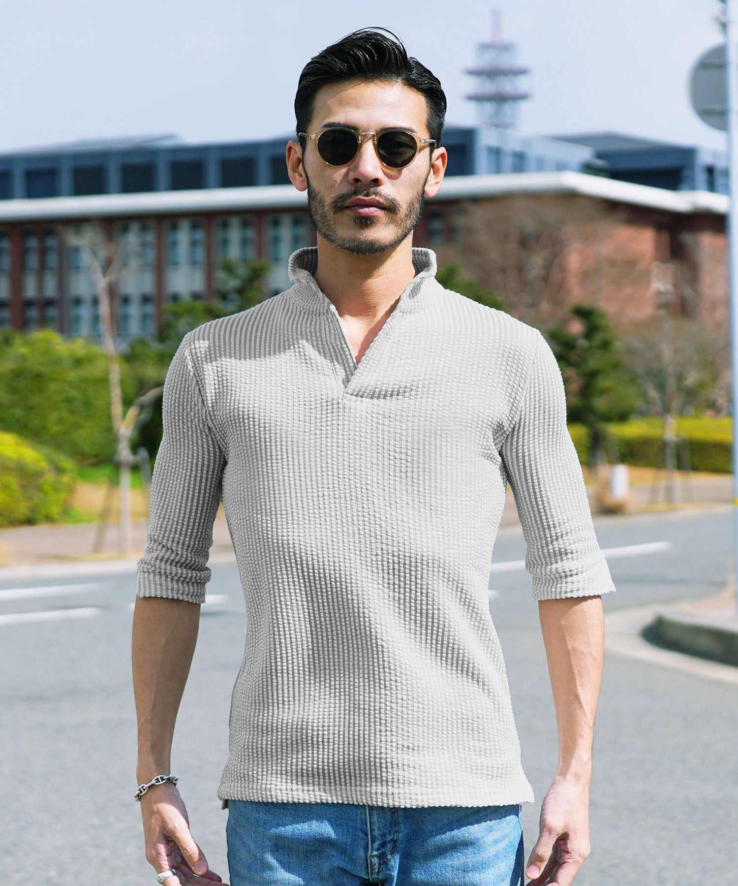 JIGGYS SHOP Seersucker Wire Collar 5-Short Sleeve Polo Shirt / Polo Shirt 5-Short Sleeve Short Sleeve Men's Stylish Stand Collar Clothing Summer Clothing Spring Clothing Odor Resistant Antibacterial
