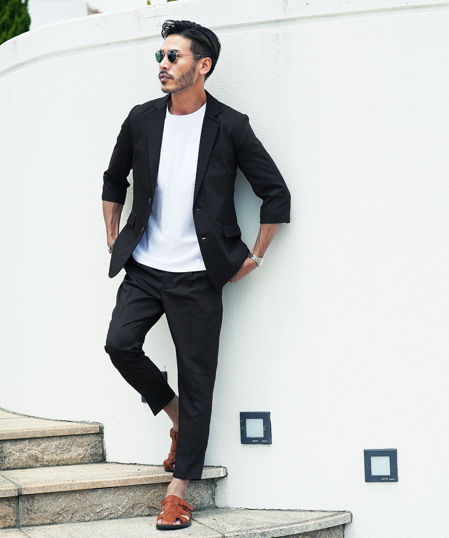 JIGGYS SHOP TR Stretch Tailored 3/4 Sleeve Jacket / Men's Jacket Tailored Blazer Outer Casual Business Office Summer Three-Quarter Sleeve