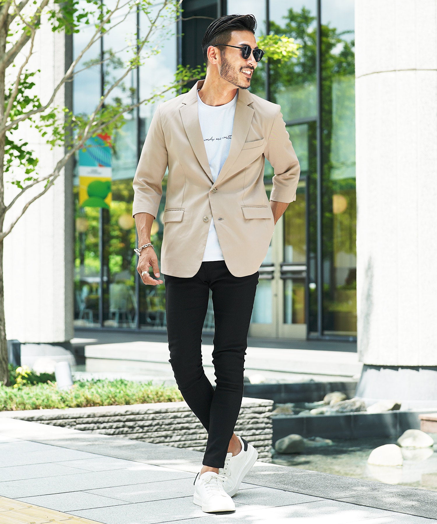 JIGGYS SHOP TR Stretch Tailored 3/4 Sleeve Jacket / Men's Jacket Tailored Blazer Outer Casual Business Office Summer Three-Quarter Sleeve