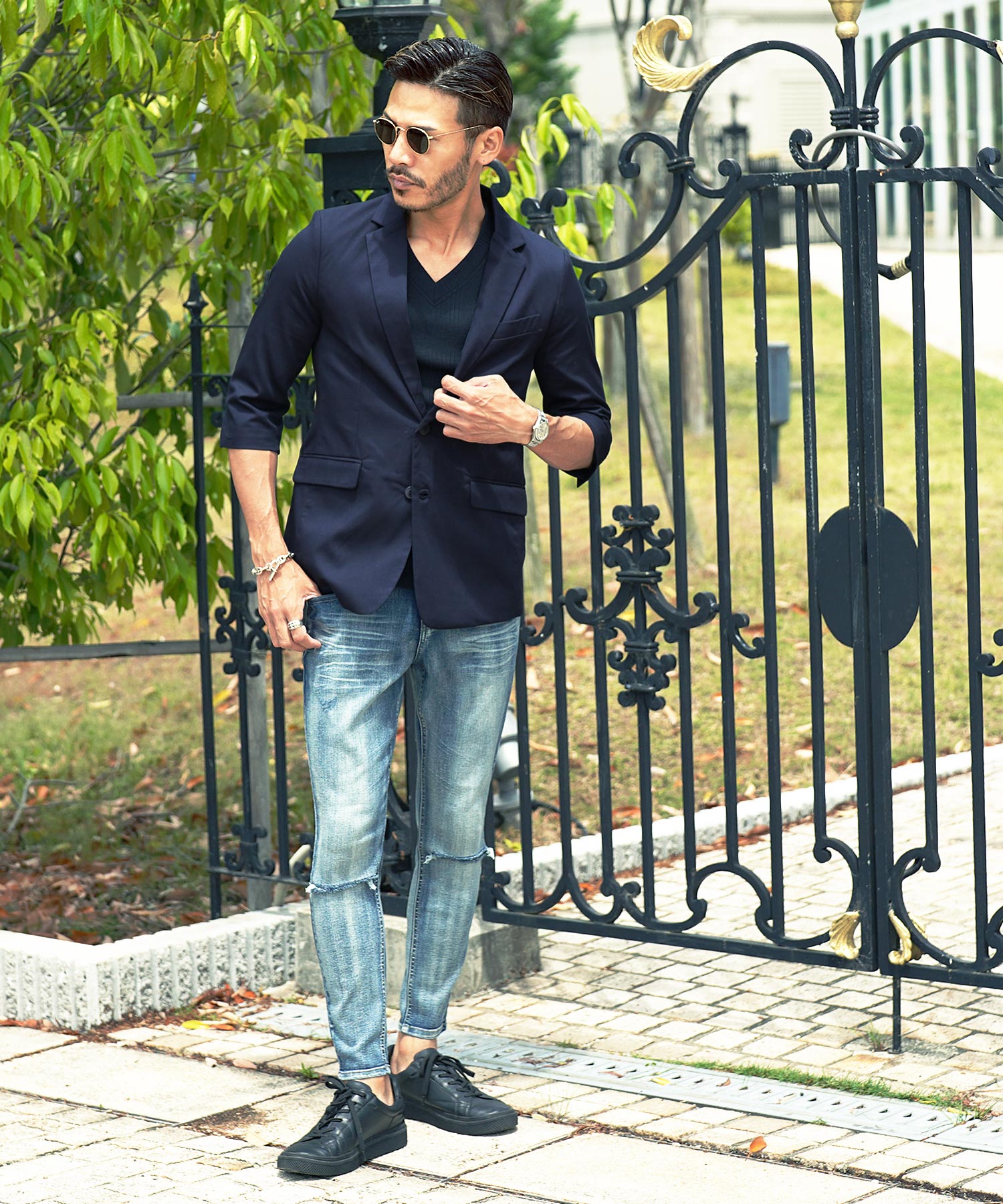 JIGGYS SHOP TR Stretch Tailored 3/4 Sleeve Jacket / Men's Jacket Tailored Blazer Outer Casual Business Office Summer Three-Quarter Sleeve