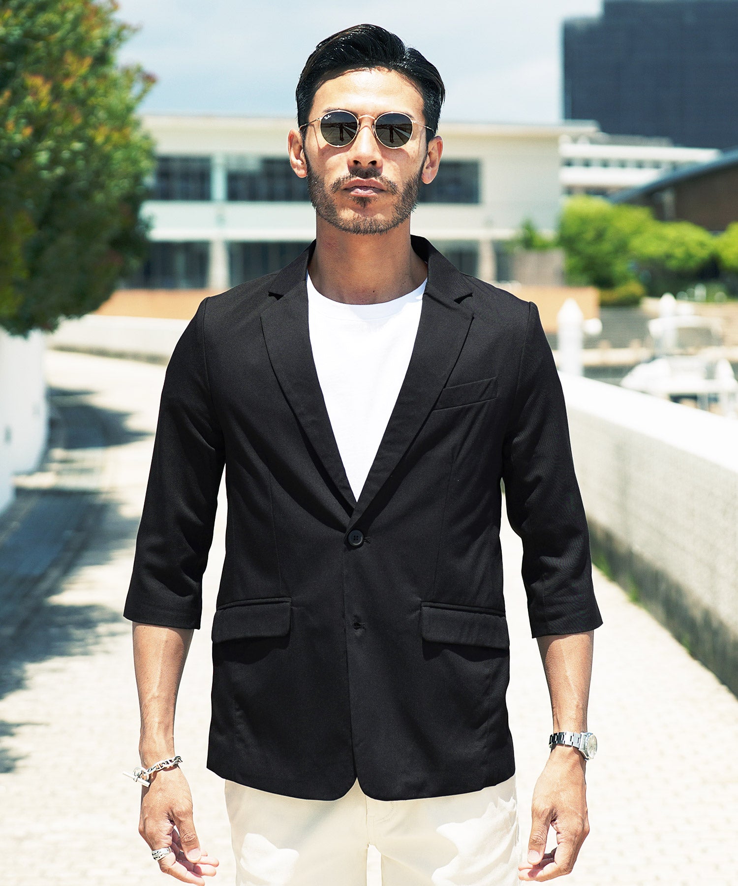 JIGGYS SHOP TR Stretch Tailored 3/4 Sleeve Jacket / Men's Jacket Tailored Blazer Outer Casual Business Office Summer Three-Quarter Sleeve
