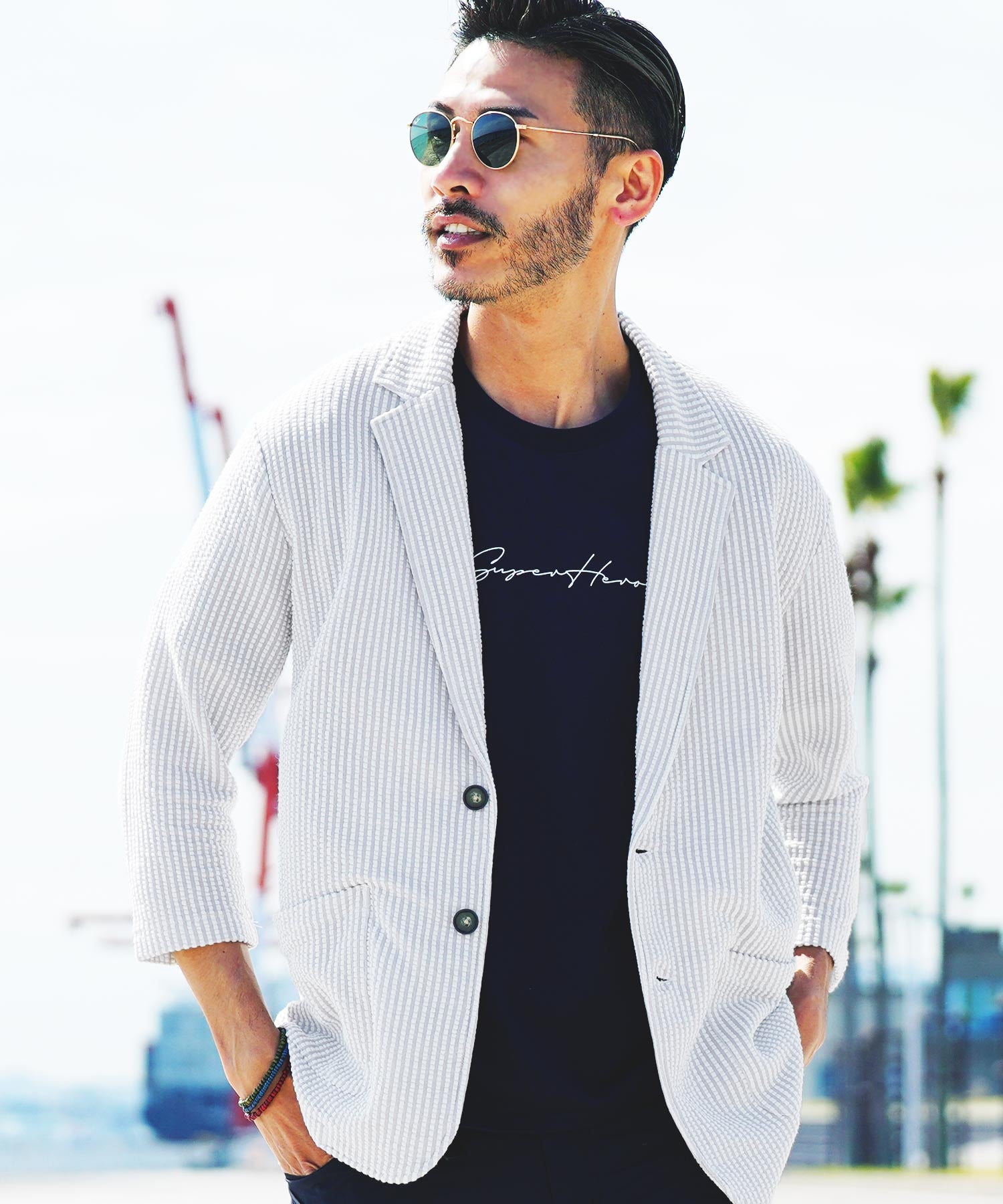 JIGGYS SHOP Seersucker 7/8 Sleeve Tailored Jacket / Men's Jacket Lightweight Tailored Summer 7/8 Sleeve Outerwear