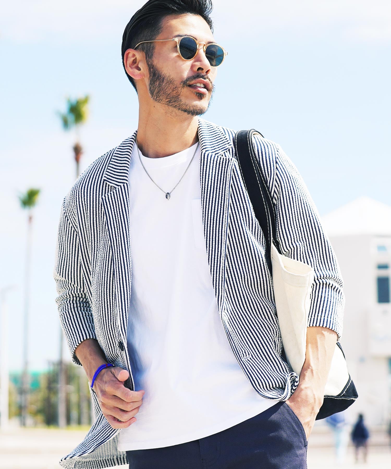 JIGGYS SHOP Seersucker 7/8 Sleeve Tailored Jacket / Men's Jacket Lightweight Tailored Summer 7/8 Sleeve Outerwear