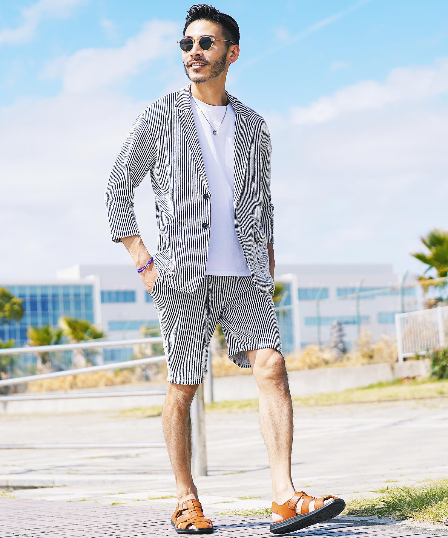 JIGGYS SHOP Seersucker 7/8 Sleeve Tailored Jacket / Men's Jacket Lightweight Tailored Summer 7/8 Sleeve Outerwear