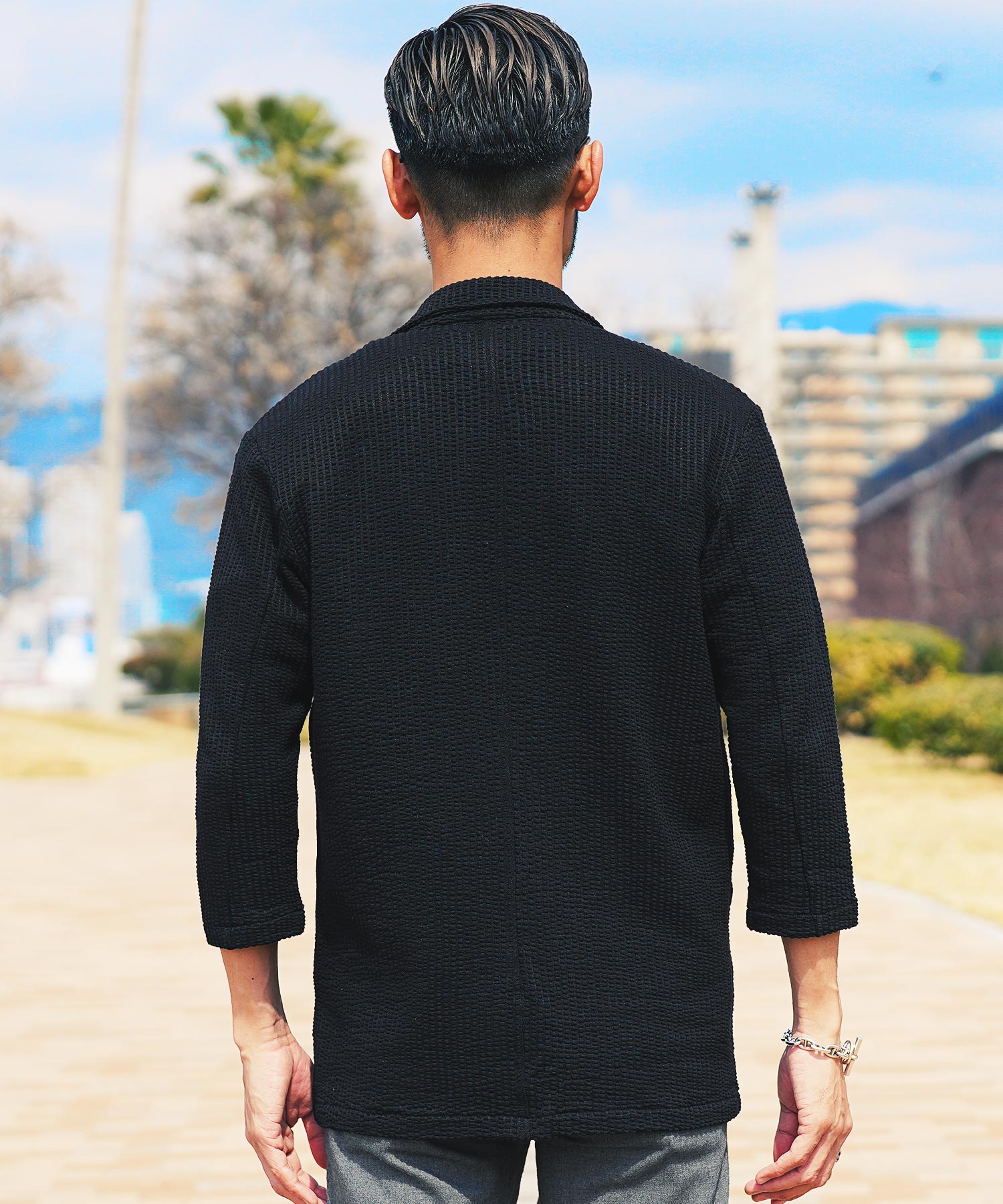 JIGGYS SHOP Seersucker 7/8 Sleeve Tailored Jacket / Men's Jacket Lightweight Tailored Summer 7/8 Sleeve Outerwear