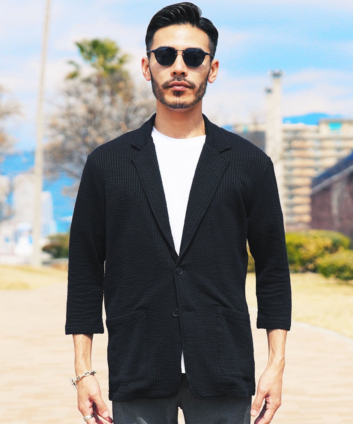 JIGGYS SHOP Seersucker 7/8 Sleeve Tailored Jacket / Men's Jacket Lightweight Tailored Summer 7/8 Sleeve Outerwear
