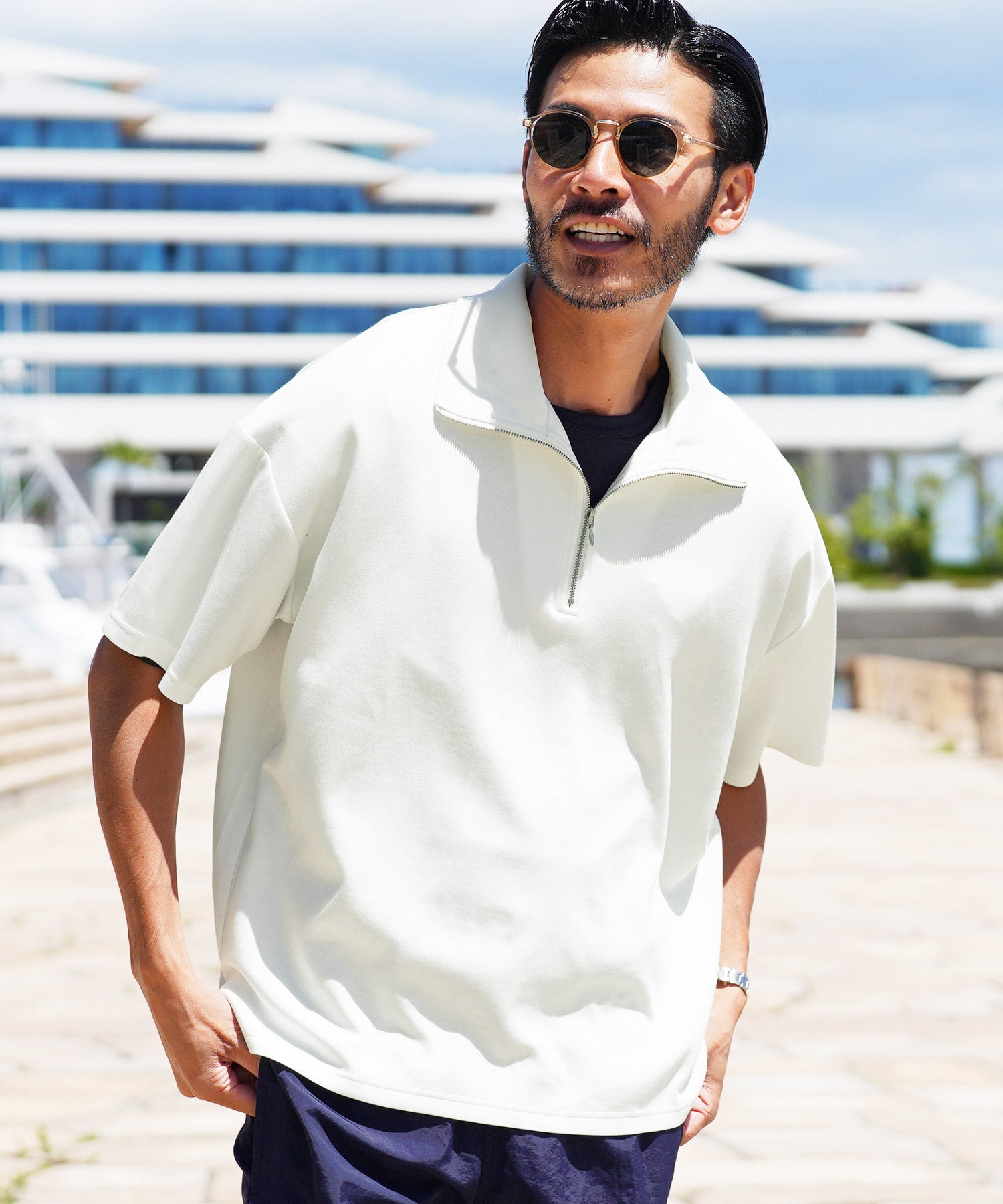 JIGGYS SHOP Cardboard Knit Half Zip Pullover / Half ZIP T-Shirt Men's Tee Short Sleeve Cut and Sew Top Loose Fit