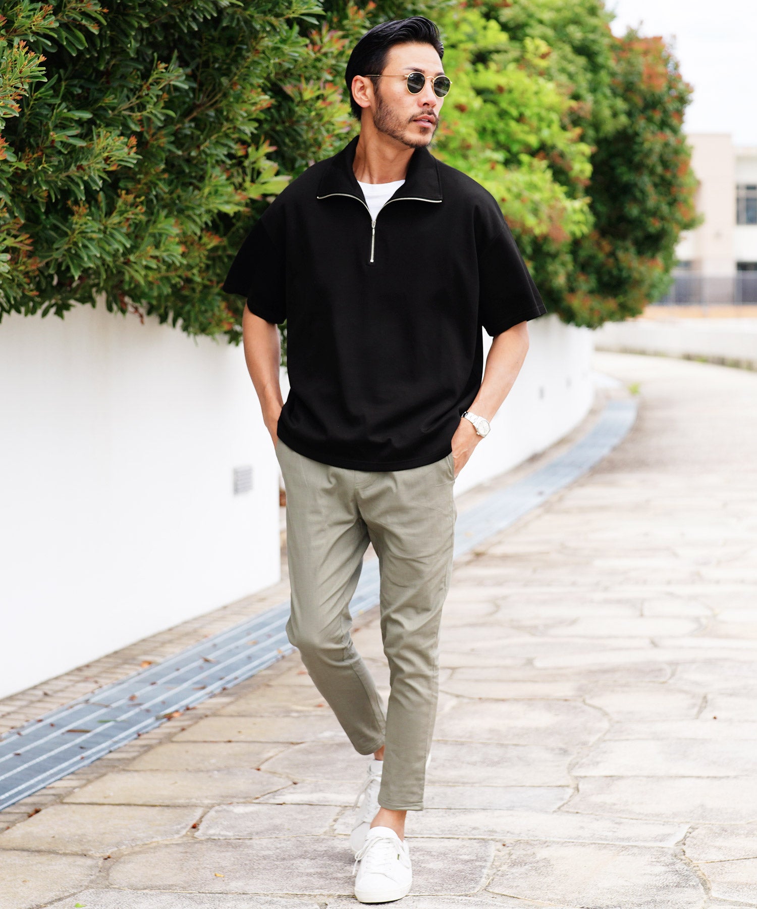 JIGGYS SHOP Cardboard Knit Half Zip Pullover / Half ZIP T-Shirt Men's Tee Short Sleeve Cut and Sew Top Loose Fit
