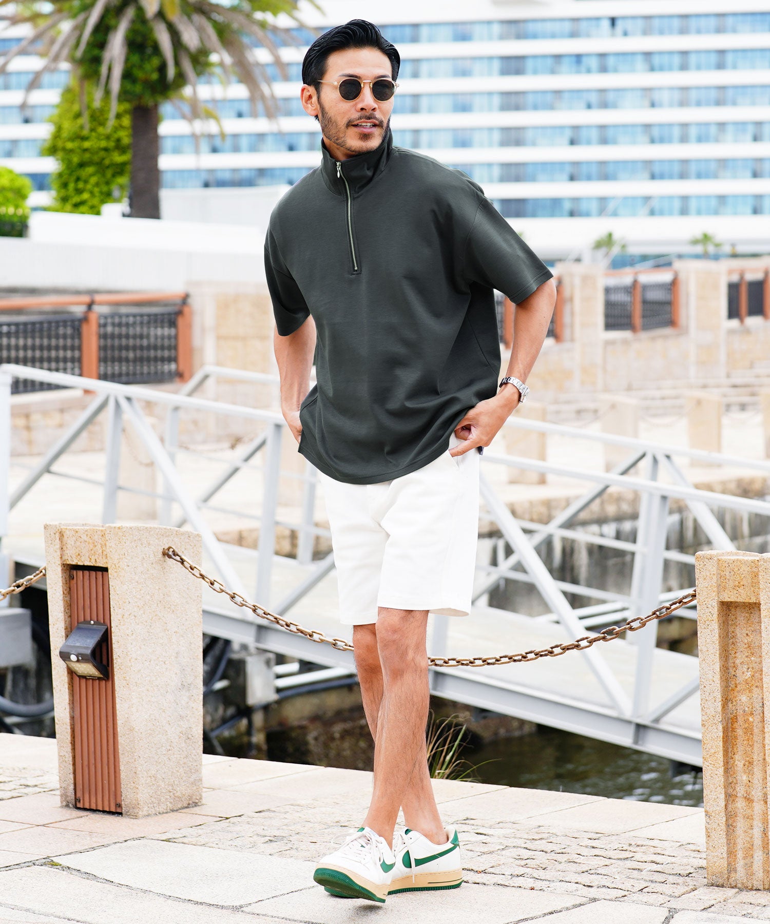 JIGGYS SHOP Cardboard Knit Half Zip Pullover / Half ZIP T-Shirt Men's Tee Short Sleeve Cut and Sew Top Loose Fit
