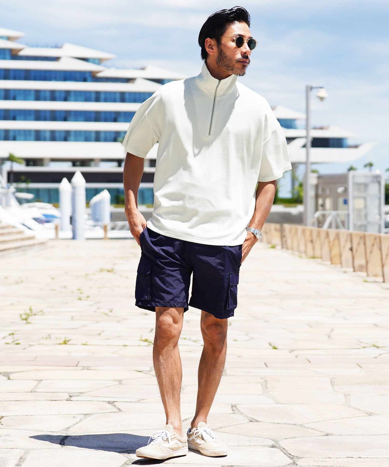 JIGGYS SHOP Cardboard Knit Half Zip Pullover / Half ZIP T-Shirt Men's Tee Short Sleeve Cut and Sew Top Loose Fit