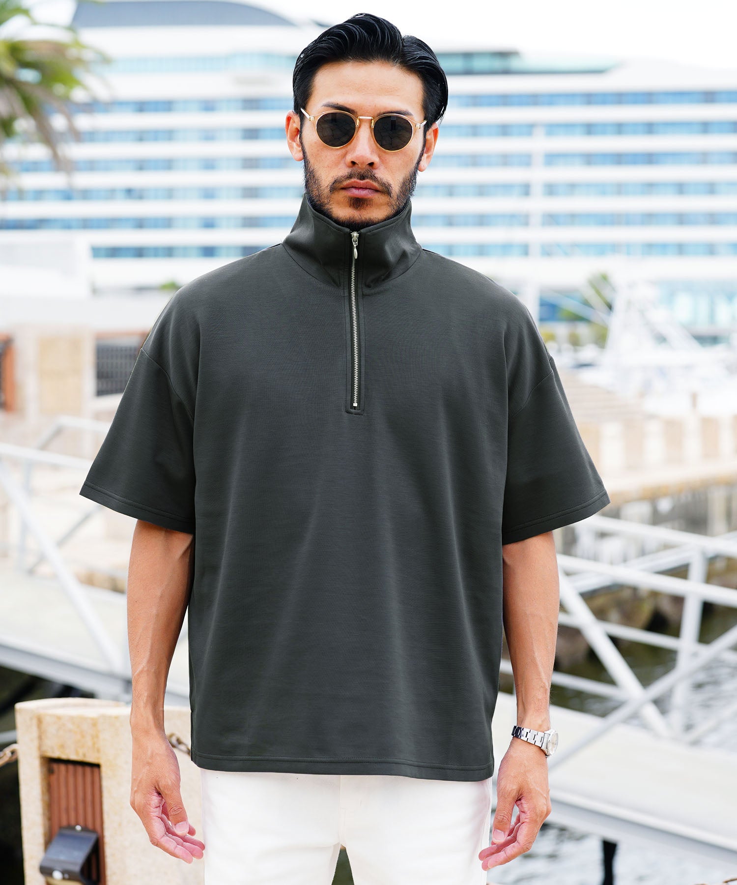 JIGGYS SHOP Cardboard Knit Half Zip Pullover / Half ZIP T-Shirt Men's Tee Short Sleeve Cut and Sew Top Loose Fit