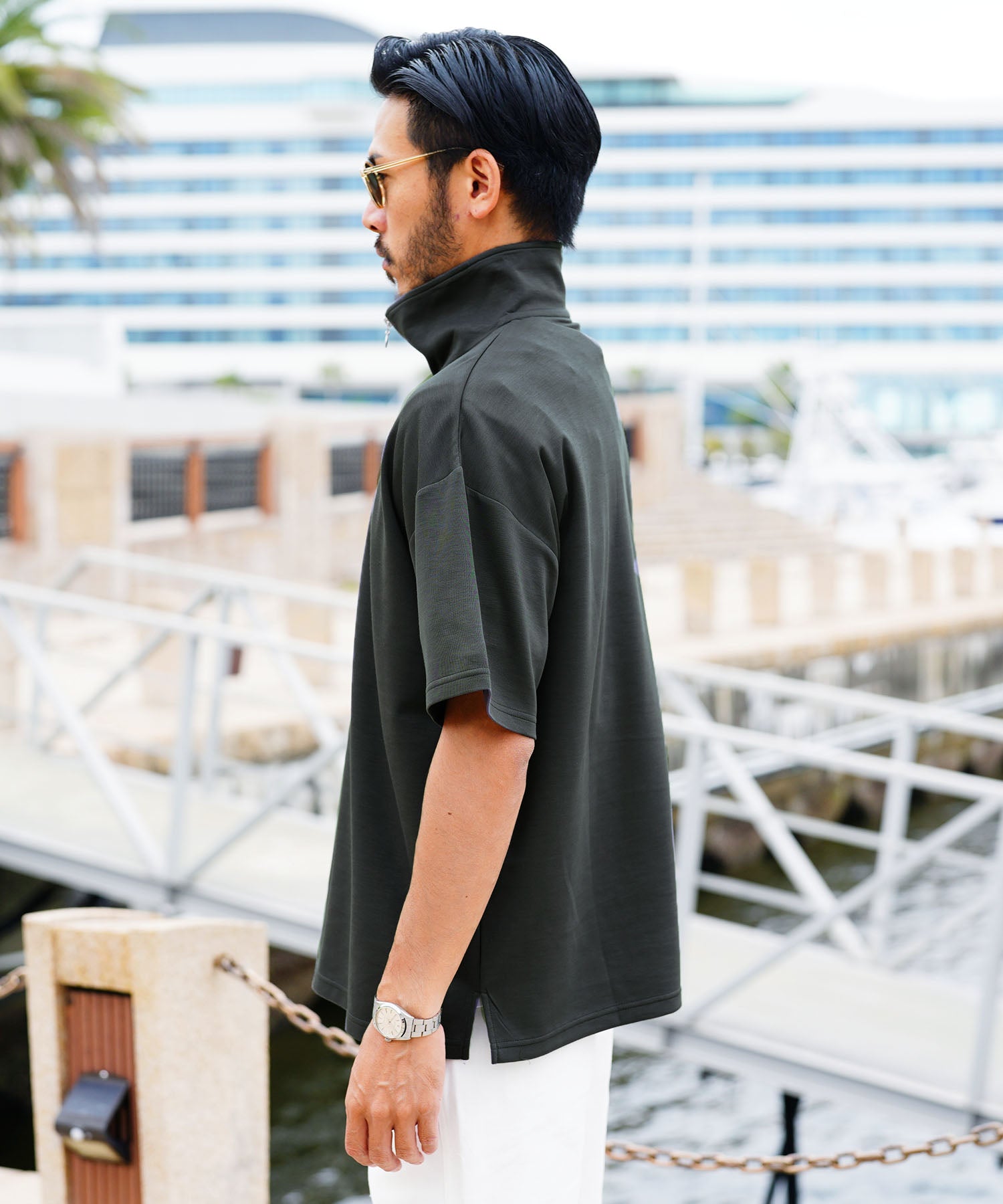 JIGGYS SHOP Cardboard Knit Half Zip Pullover / Half ZIP T-Shirt Men's Tee Short Sleeve Cut and Sew Top Loose Fit