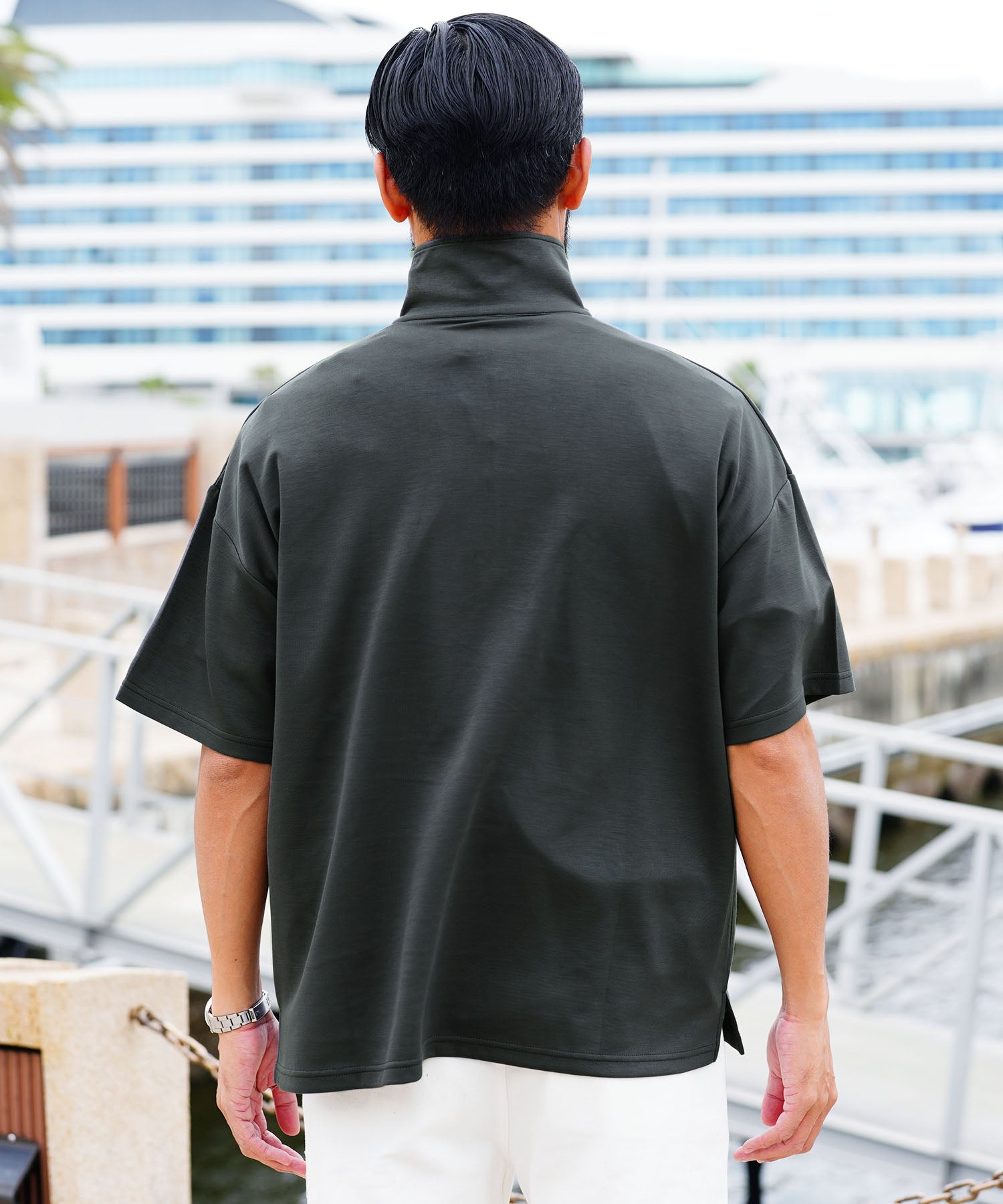 JIGGYS SHOP Cardboard Knit Half Zip Pullover / Half ZIP T-Shirt Men's Tee Short Sleeve Cut and Sew Top Loose Fit
