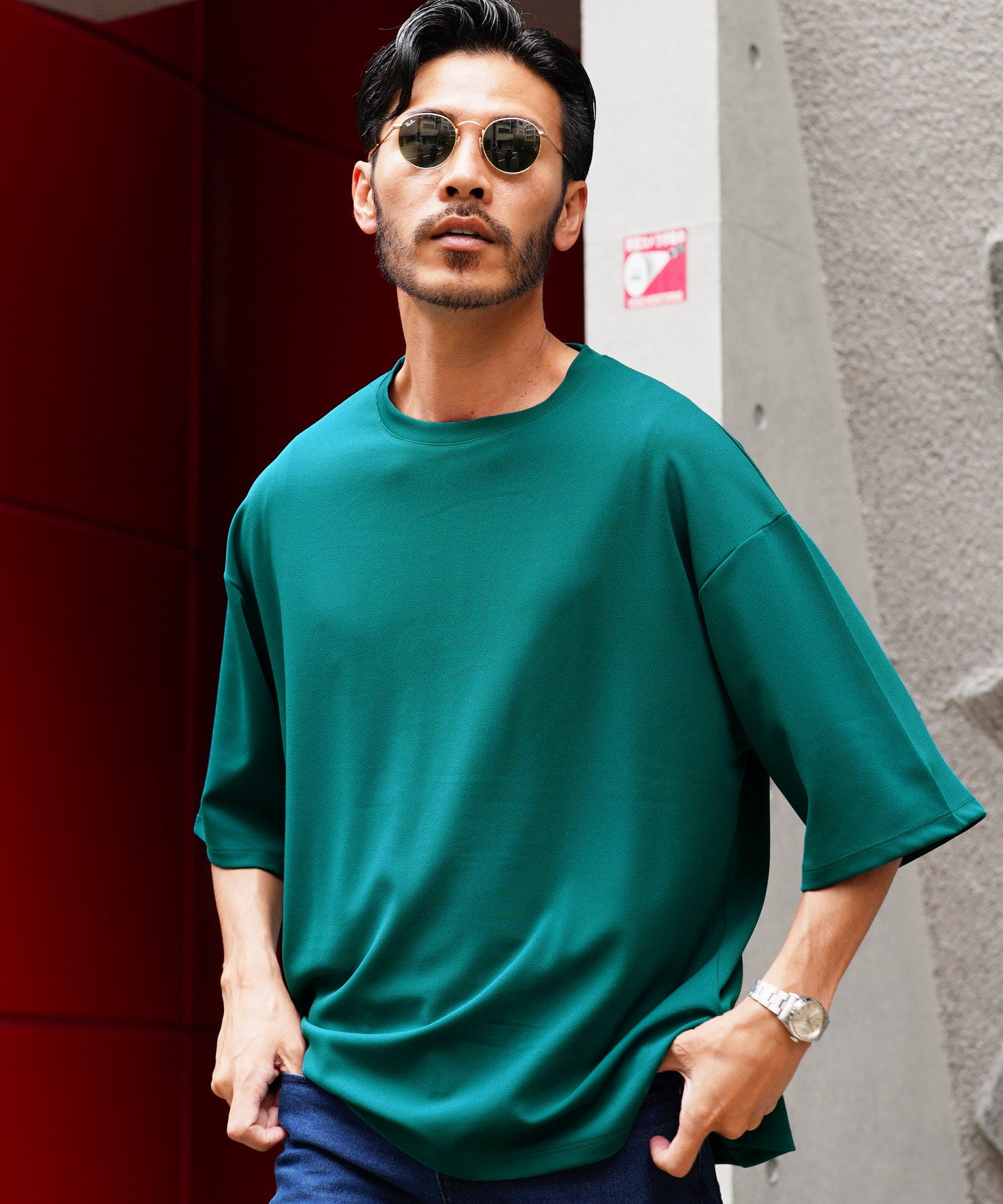 JIGGYS SHOP UV Cut Pearskin Hem Slit BIG T / T-shirt Men's Tee Short Sleeve Cut and Sew Top Big Silhouette Oversized Loose Stretch