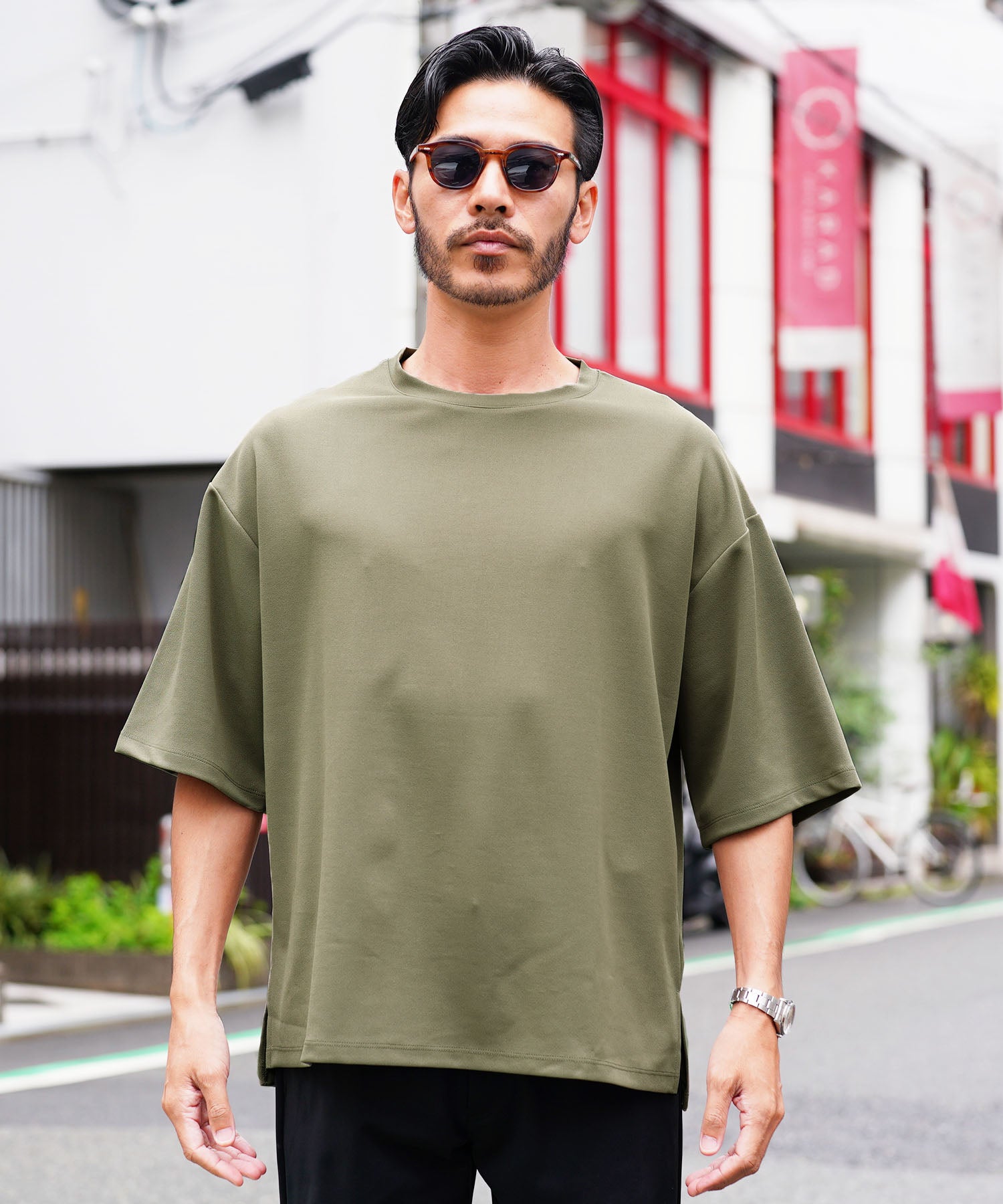JIGGYS SHOP UV Cut Pearskin Hem Slit BIG T / T-shirt Men's Tee Short Sleeve Cut and Sew Top Big Silhouette Oversized Loose Stretch