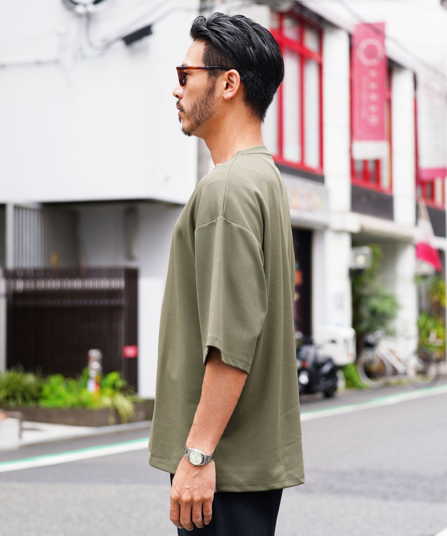 JIGGYS SHOP UV Cut Pearskin Hem Slit BIG T / T-shirt Men's Tee Short Sleeve Cut and Sew Top Big Silhouette Oversized Loose Stretch