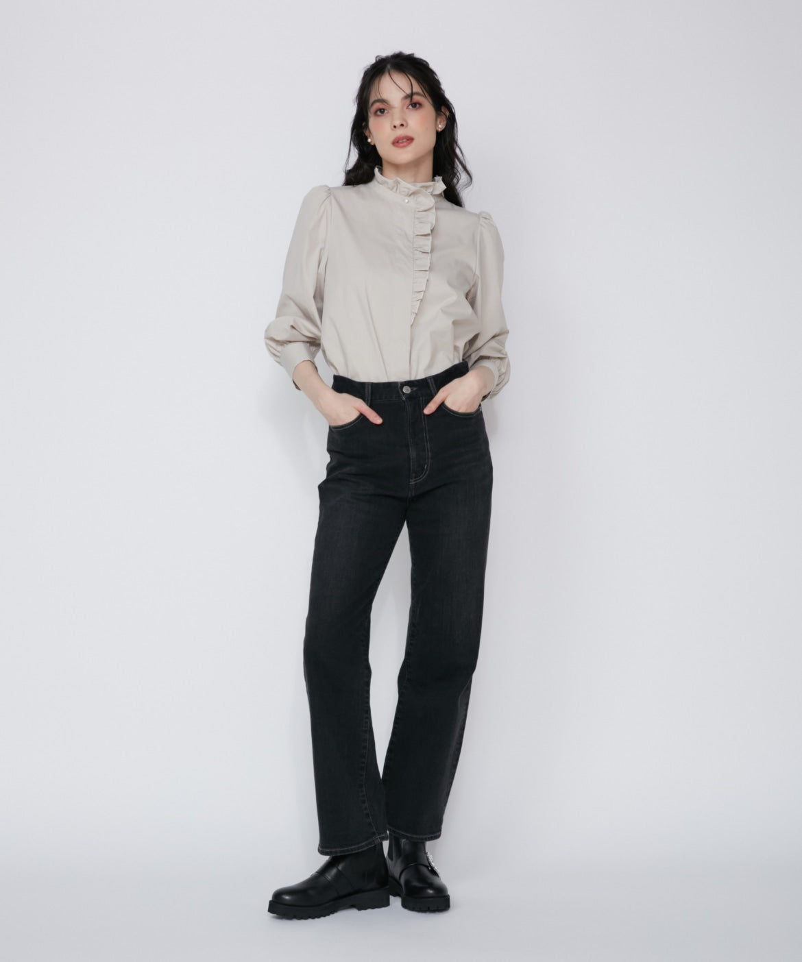マーリエ ル カセット Maglie le cassetto 《Maglie Jeans》ハイウエストセミワイドジーンズ （インディゴ9） インディゴ9