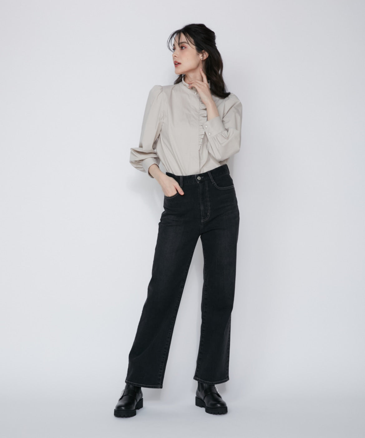 マーリエ ル カセット Maglie le cassetto 《Maglie Jeans》ハイウエストセミワイドジーンズ （インディゴ9） インディゴ9